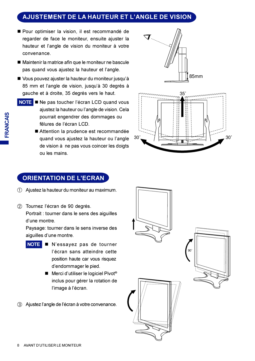 Iiyama AX3835UTBK user manual Ajustement DE LA Hauteur ET L’ANGLE DE Vision, Orientation DE L’ECRAN 