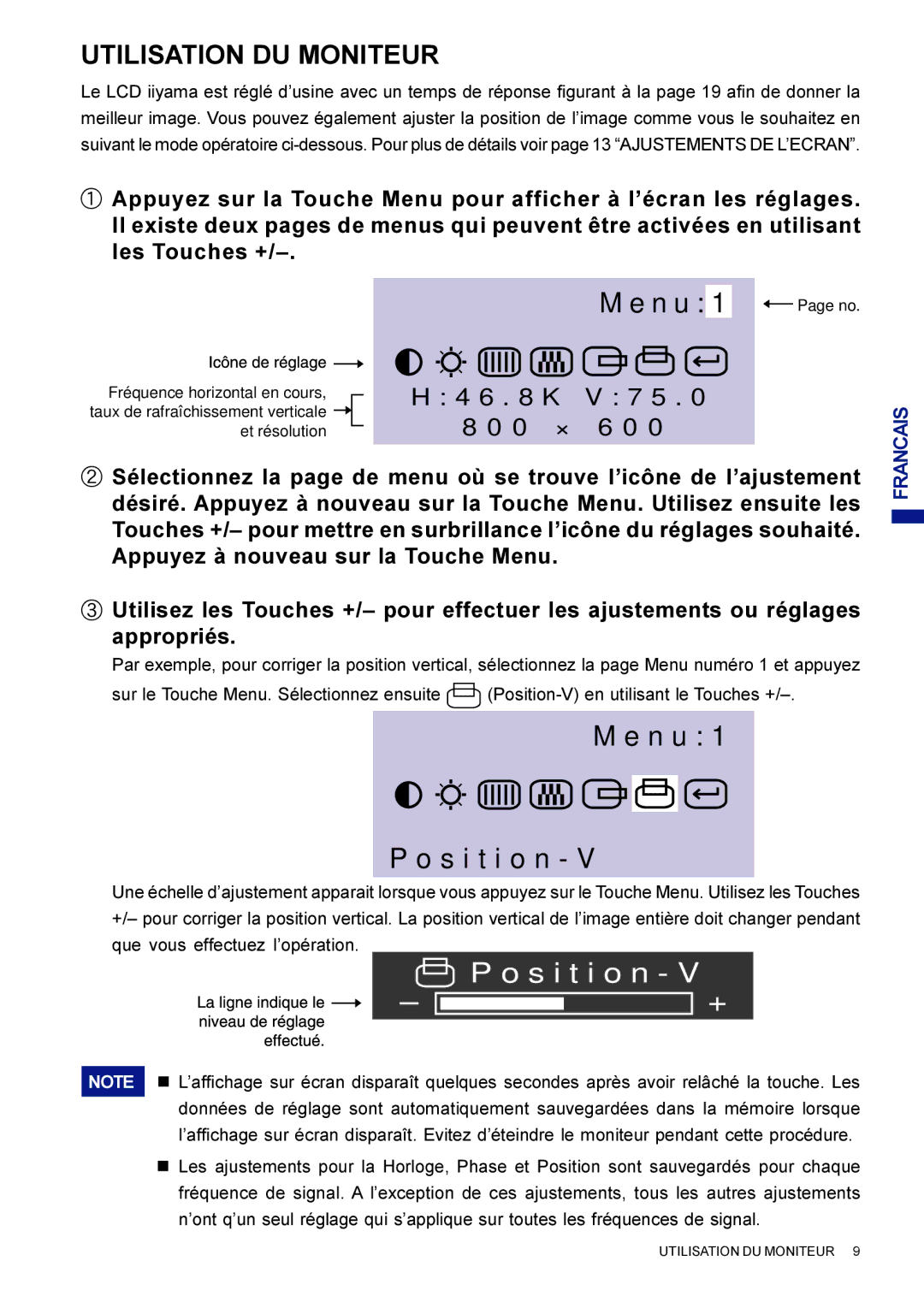 Iiyama AX3835UTBK user manual N u, Utilisation DU Moniteur 