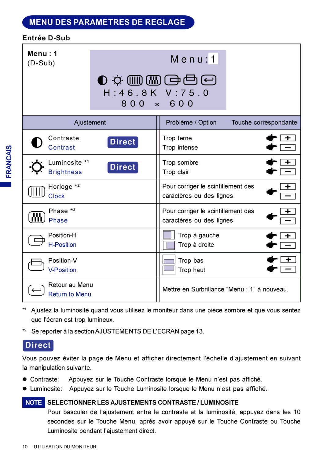 Iiyama AX3835UTBK user manual Menu DES Parametres DE Reglage 