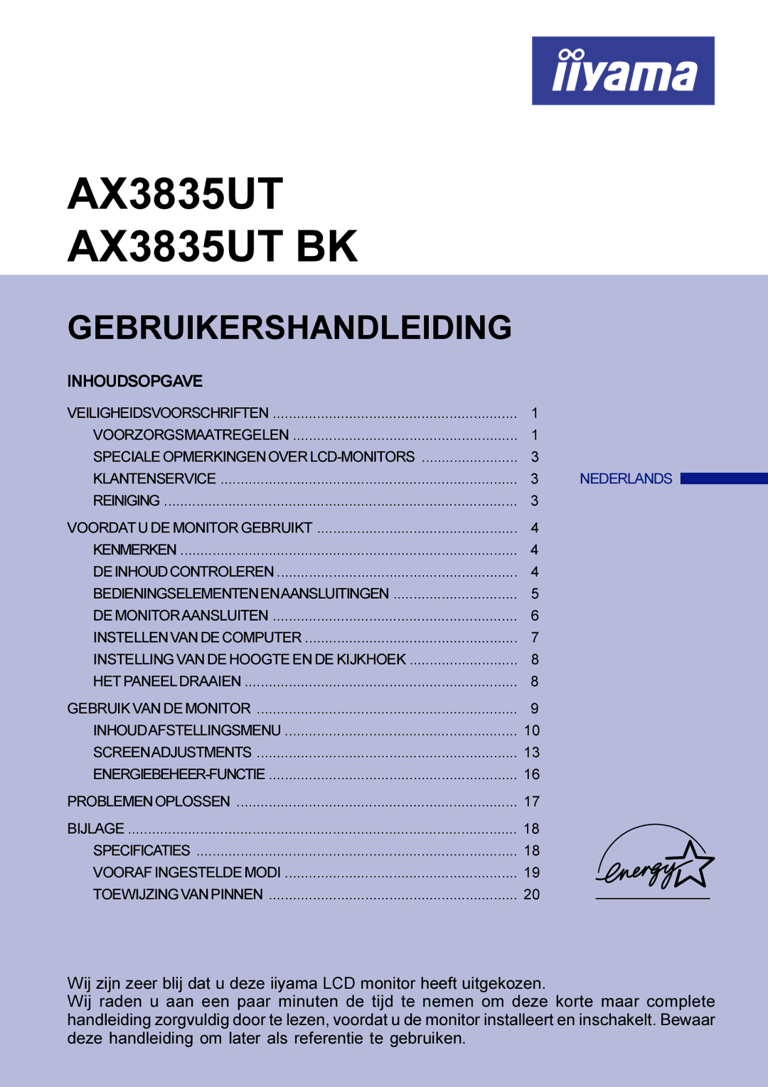 Iiyama AX3835UTBK user manual Gebruikershandleiding, Specificaties Vooraf Ingestelde Modi Toewijzing VAN Pinnen 