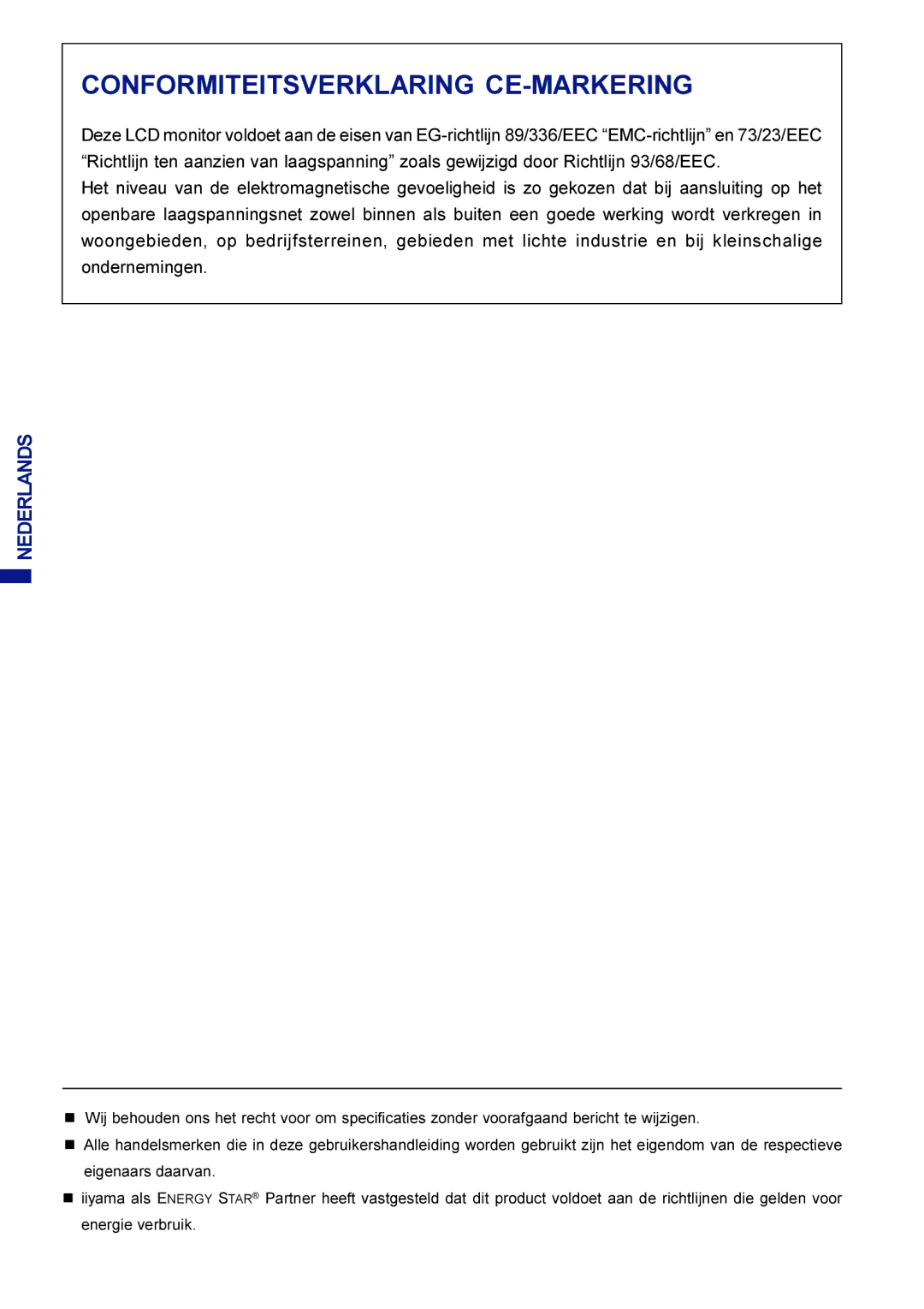 Iiyama AX3835UTBK user manual Conformiteitsverklaring CE-MARKERING, Nederlands 