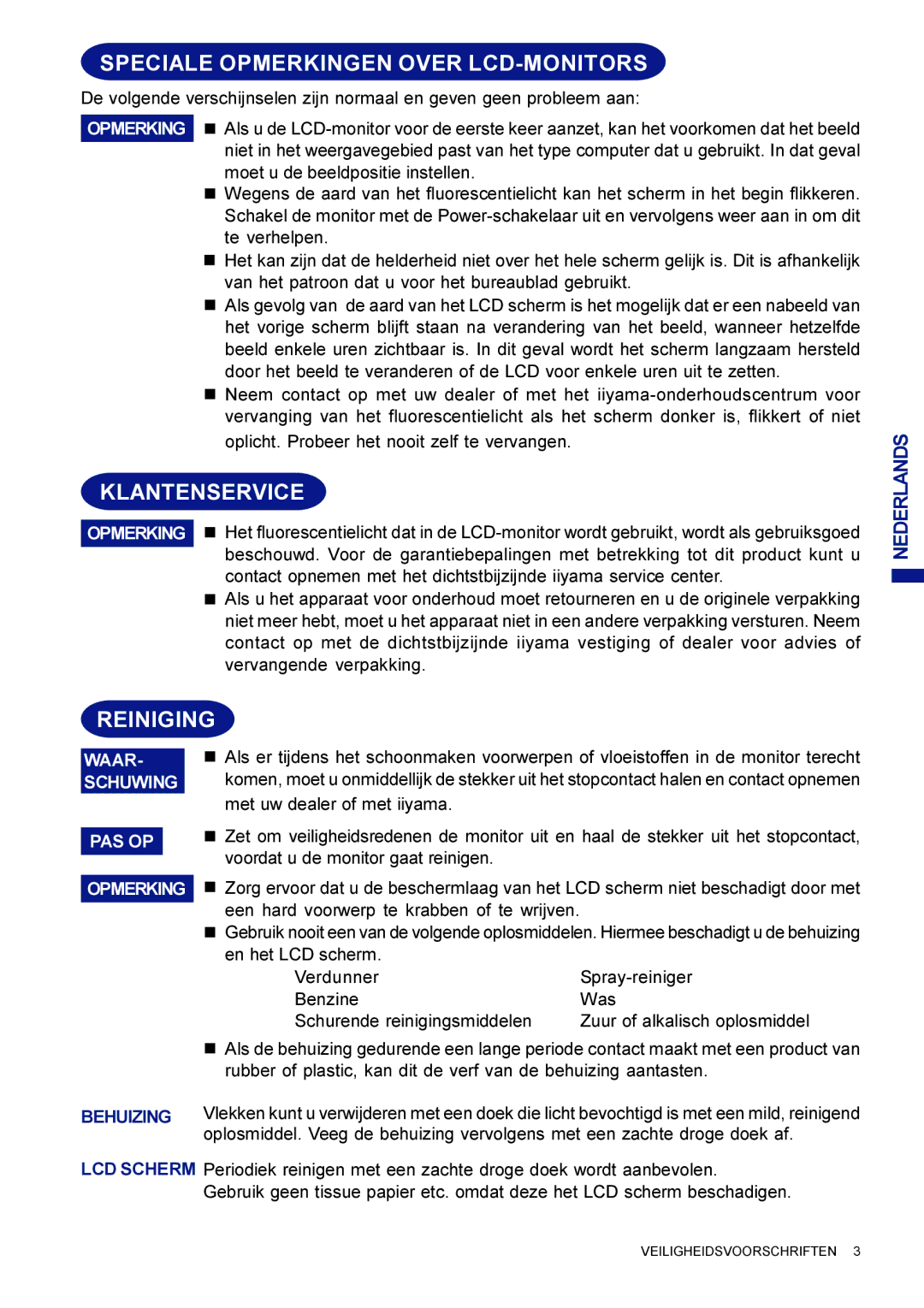 Iiyama AX3835UTBK user manual Speciale Opmerkingen Over LCD-MONITORS, Klantenservice, Reiniging 