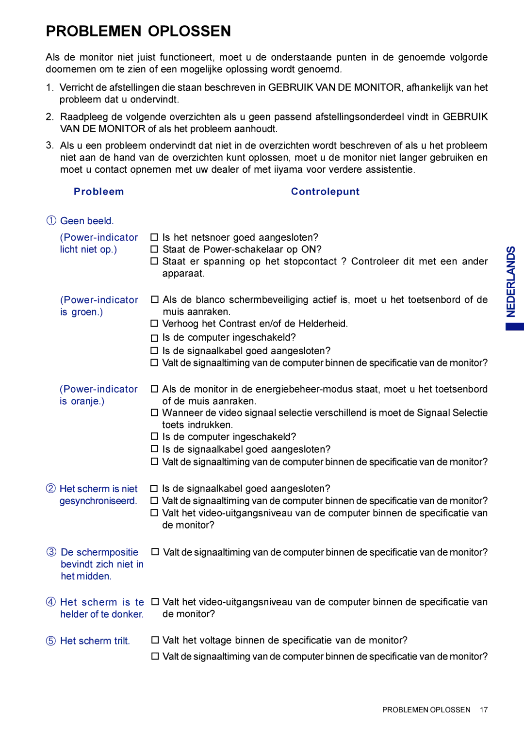 Iiyama AX3835UTBK user manual Problemen Oplossen, Probleem Controlepunt Geen beeld 