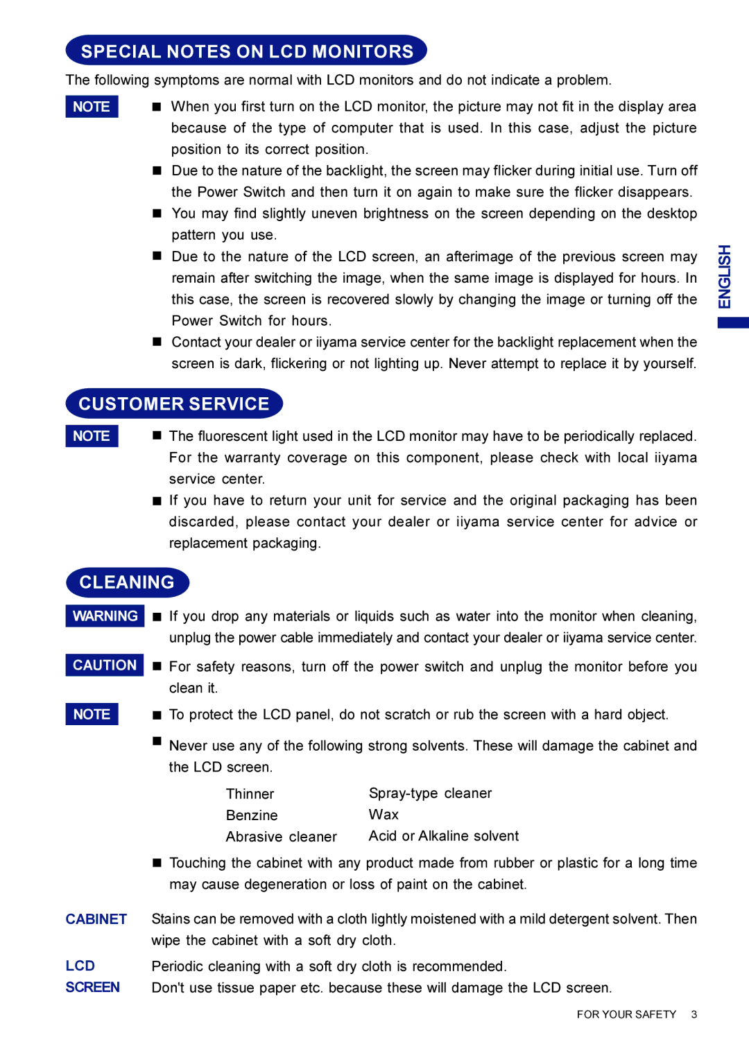 Iiyama AX3835UTBK user manual Special Notes on LCD Monitors, Customer Service, Cleaning 