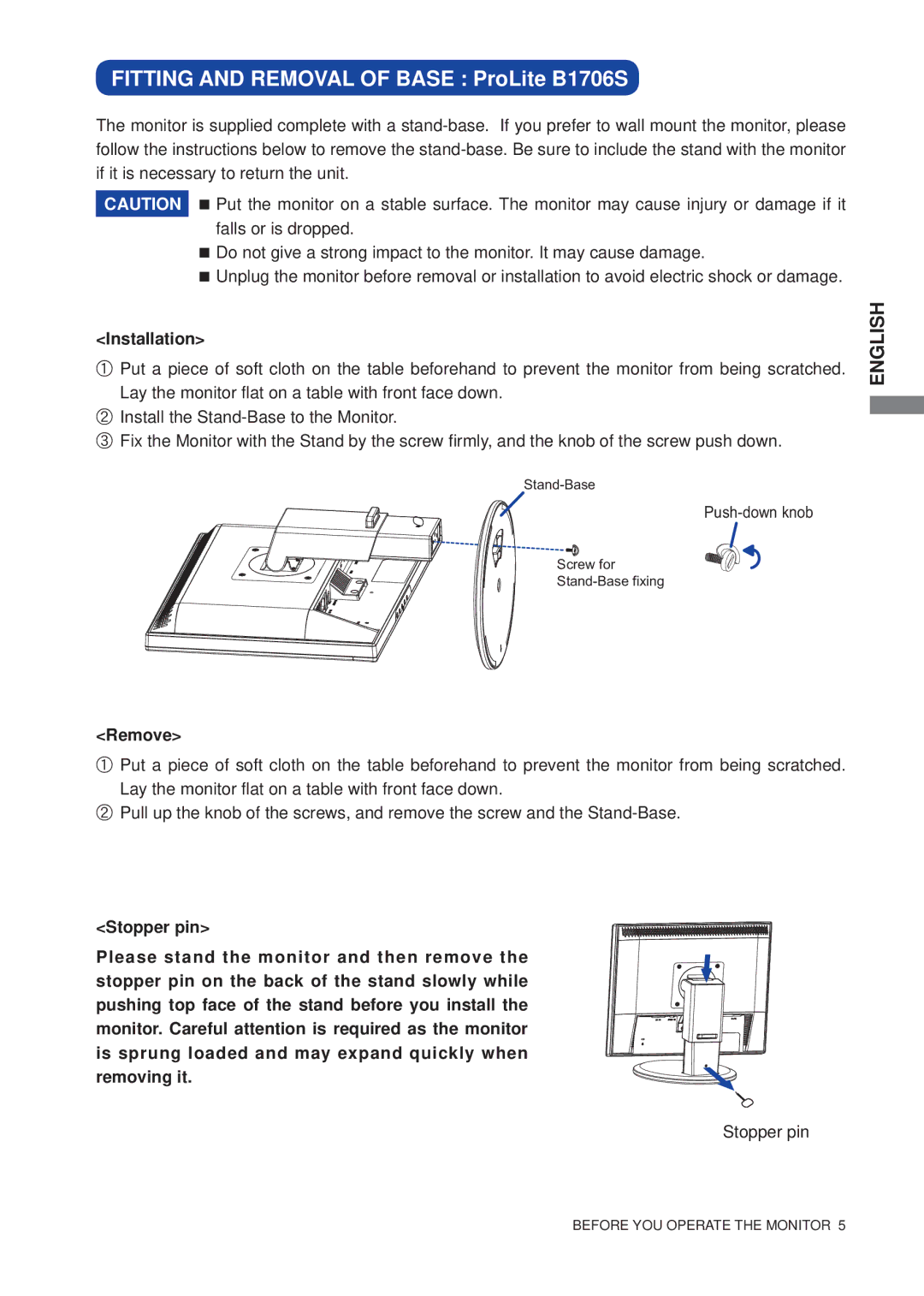 Iiyama E1706S user manual Fitting and Removal of Base ProLite B1706S, Installation 