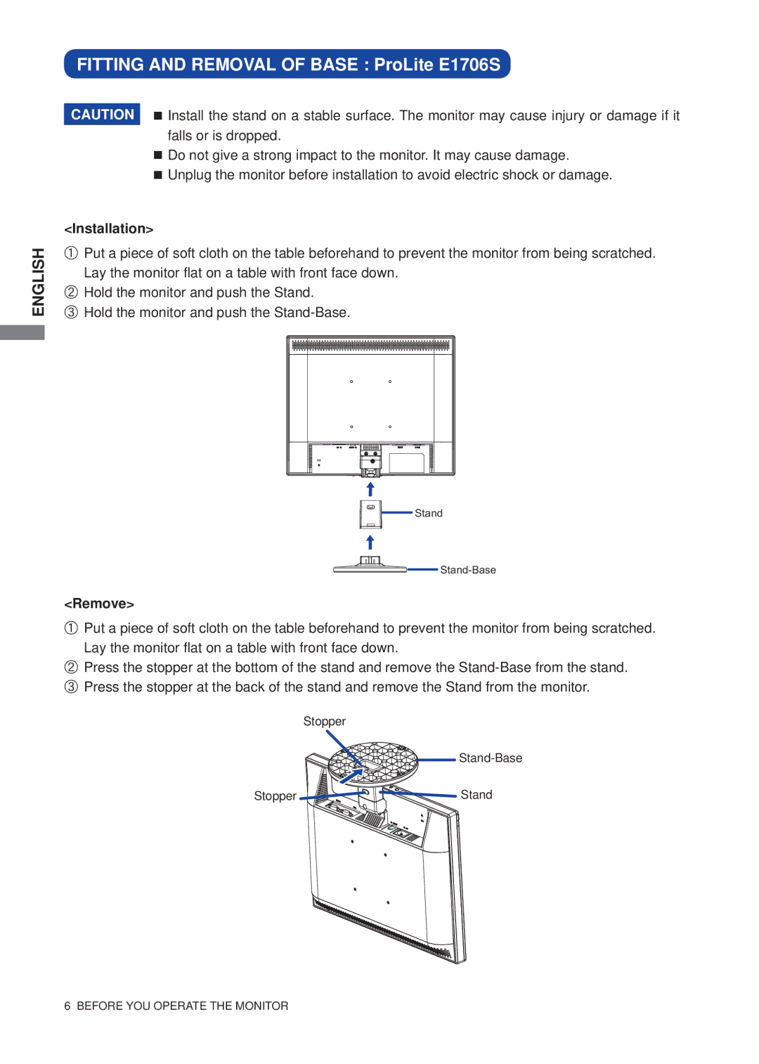 Iiyama B1706S user manual Fitting and Removal of Base ProLite E1706S 