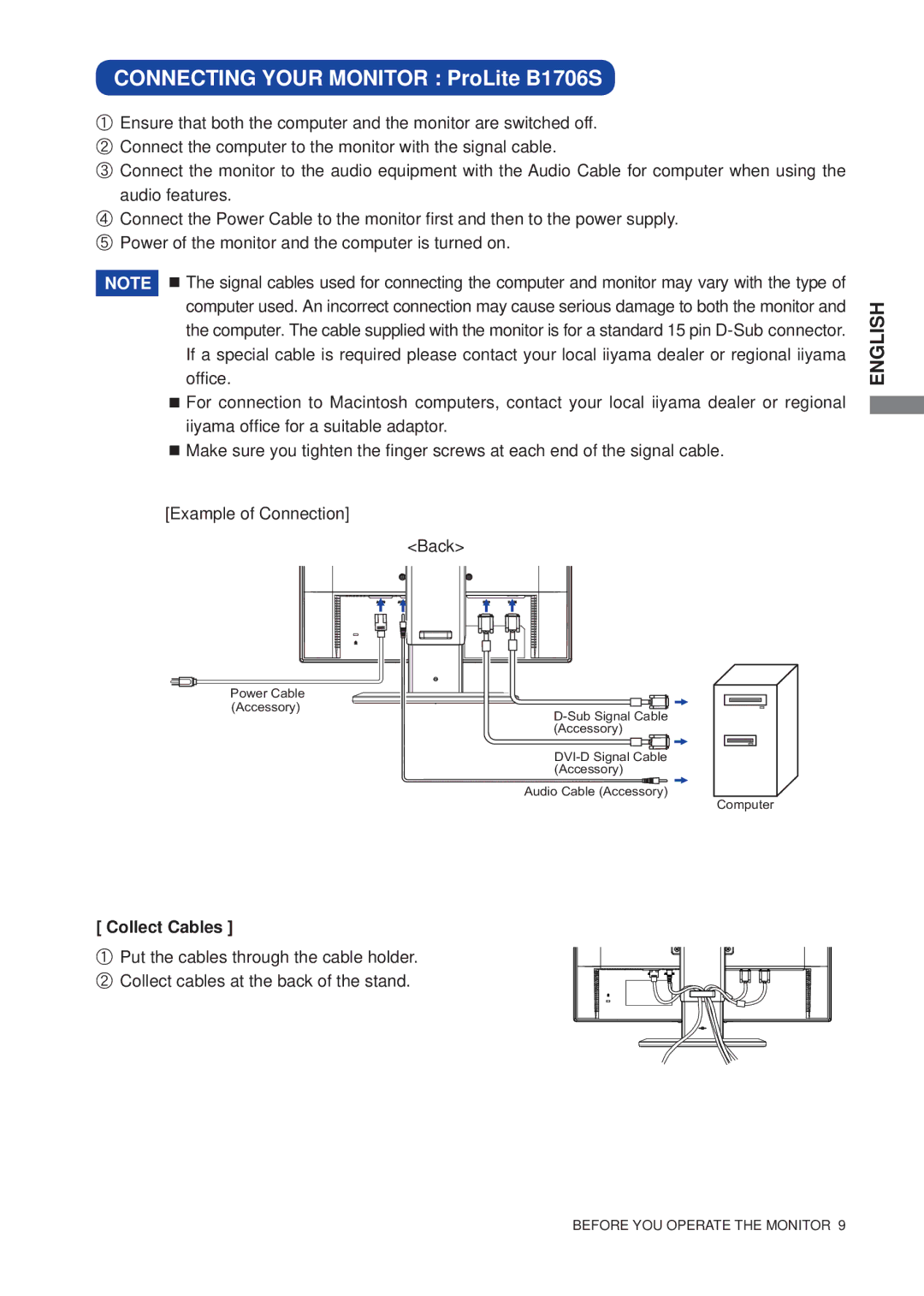 Iiyama E1706S user manual Connecting Your Monitor ProLite B1706S, Collect Cables 