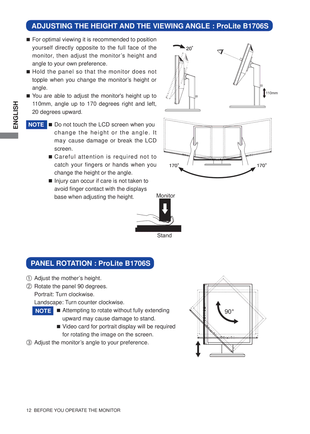 Iiyama E1706S user manual Adjusting the Height and the Viewing Angle ProLite B1706S, Panel Rotation ProLite B1706S 