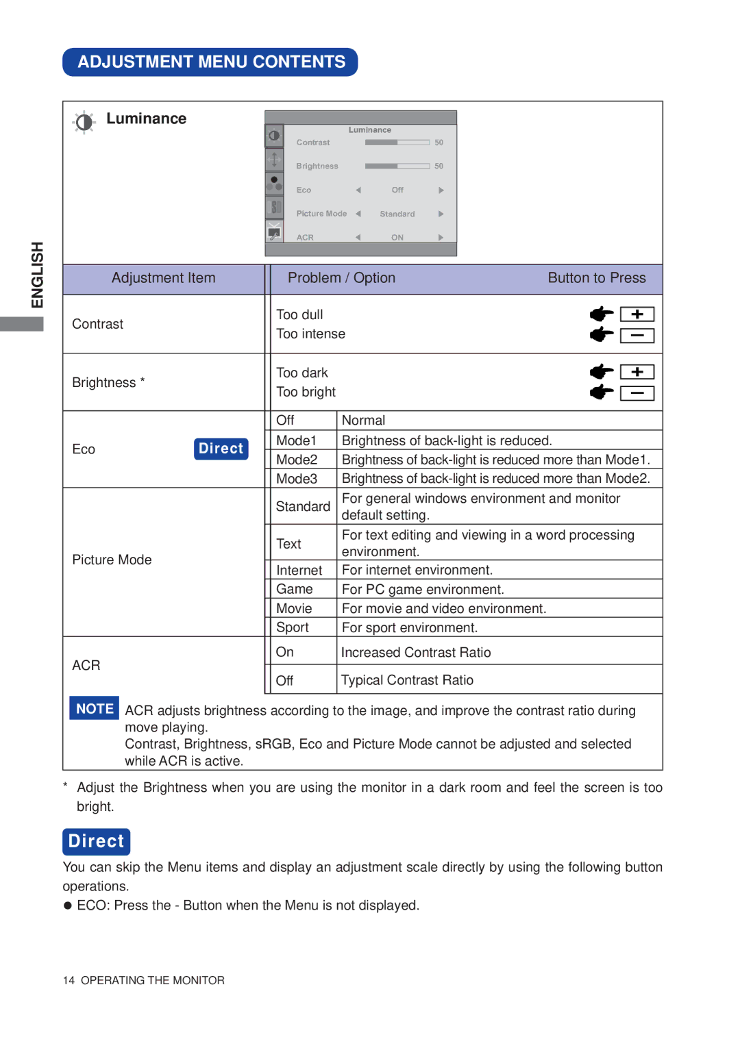 Iiyama E1706S, B1706S user manual Direct, Adjustment Menu Contents 