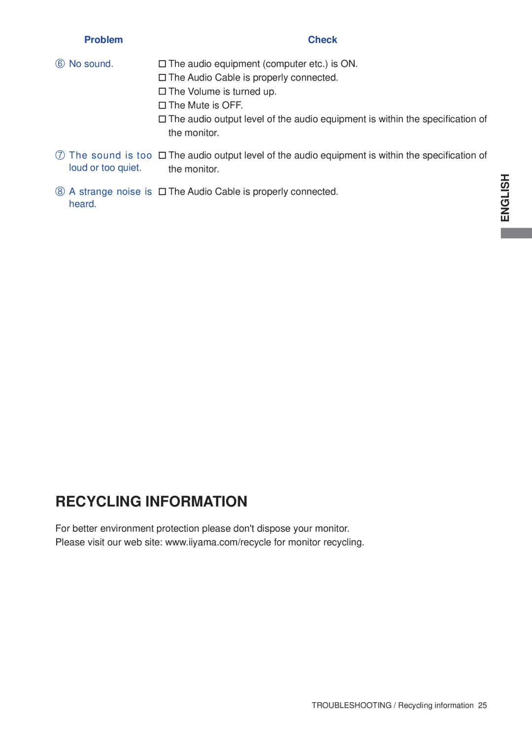 Iiyama B1706S, E1706S user manual Recycling Information 