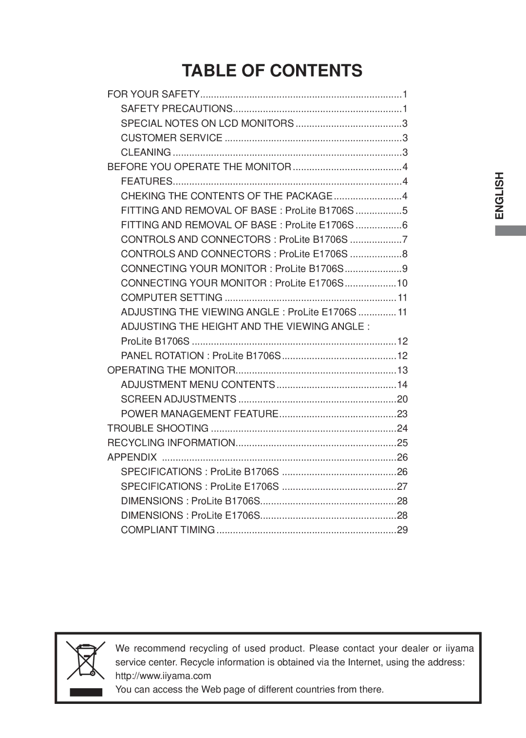 Iiyama E1706S, B1706S user manual Table of Contents 