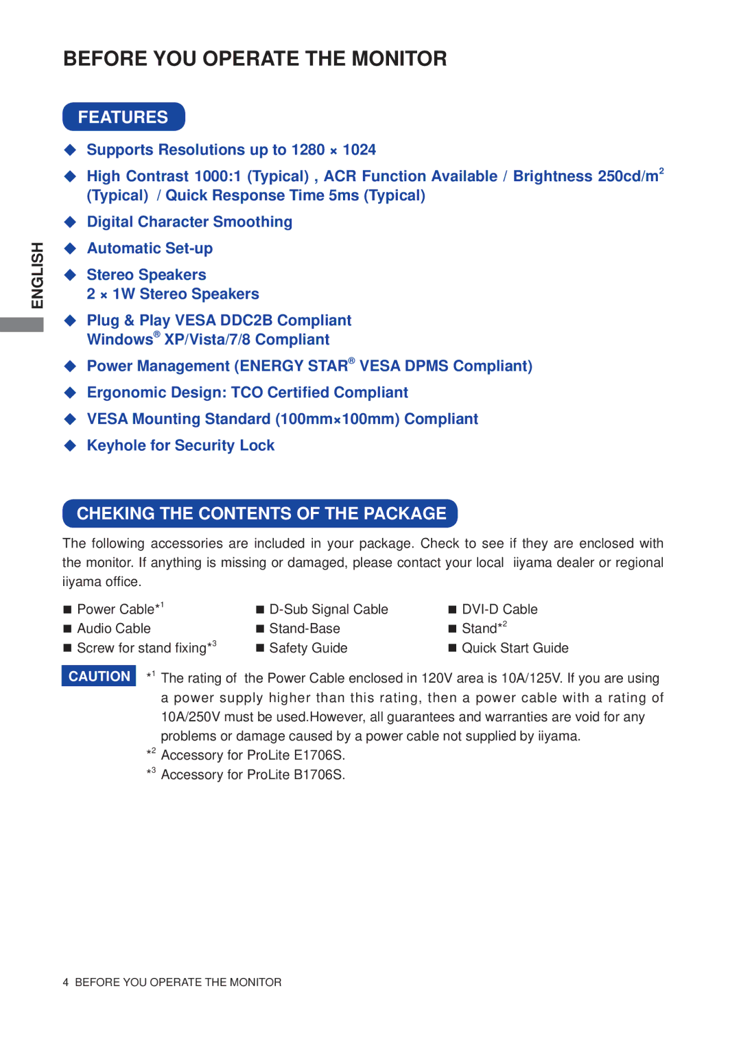 Iiyama E1706S, B1706S user manual Before YOU Operate the Monitor, Features, Cheking the Contents of the Package 