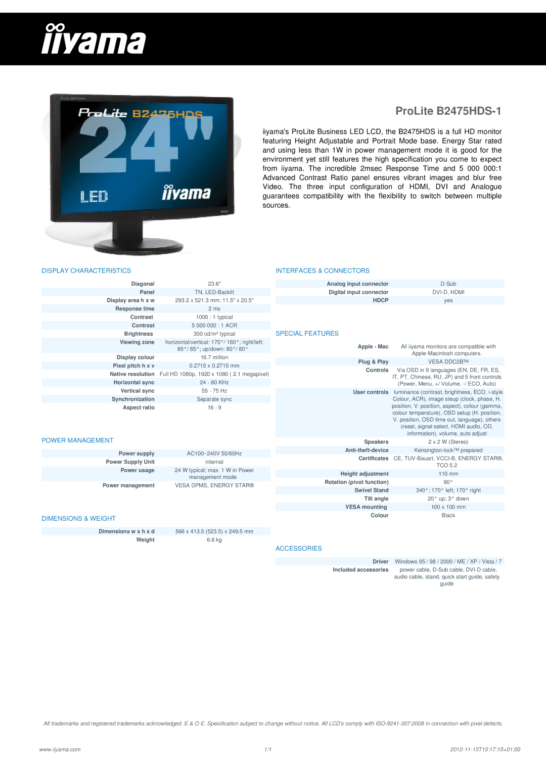 Iiyama dimensions ProLite B2475HDS-1 