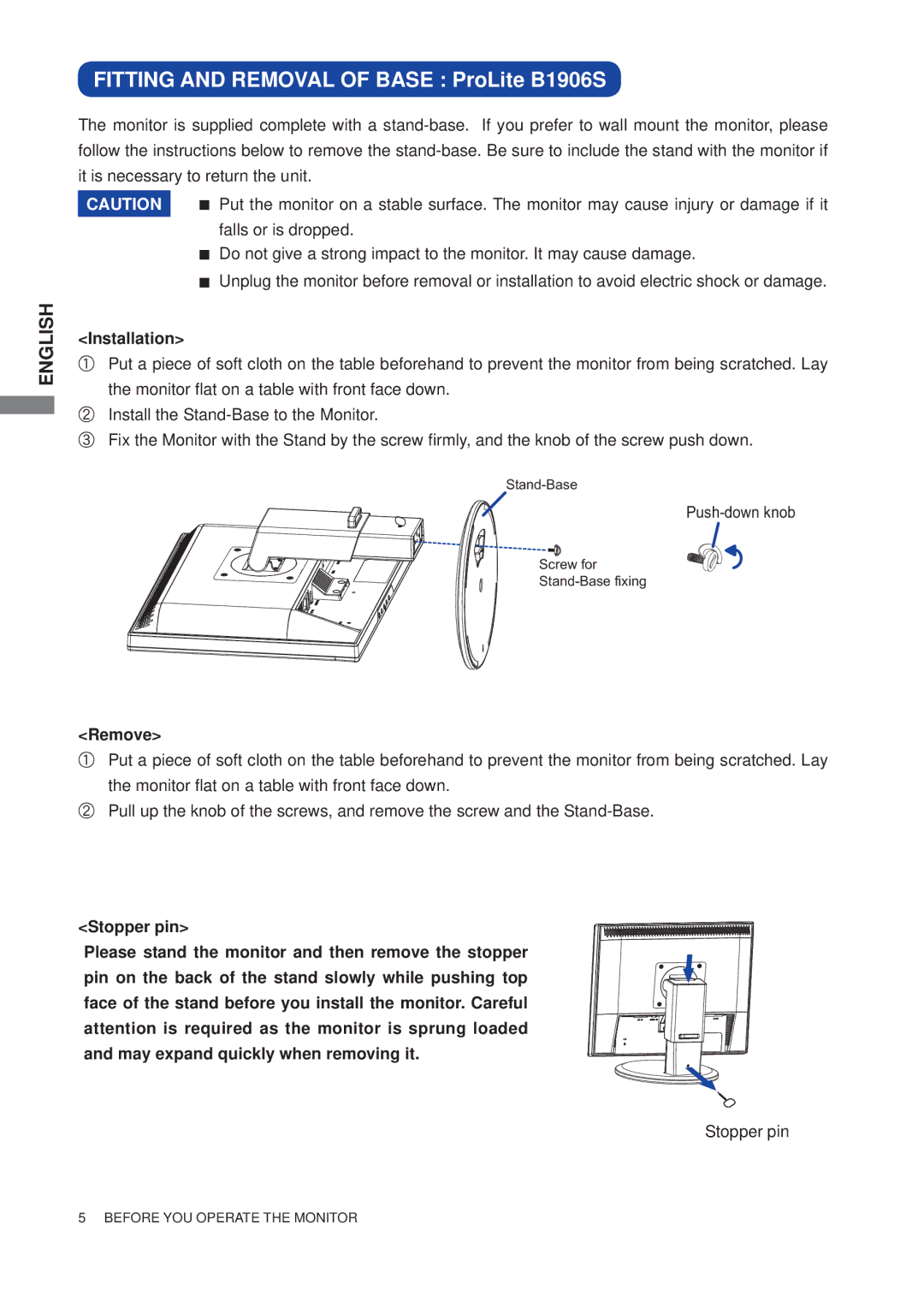 Iiyama E1906S user manual Fitting and Removal of Base ProLite B1906S, Installation 