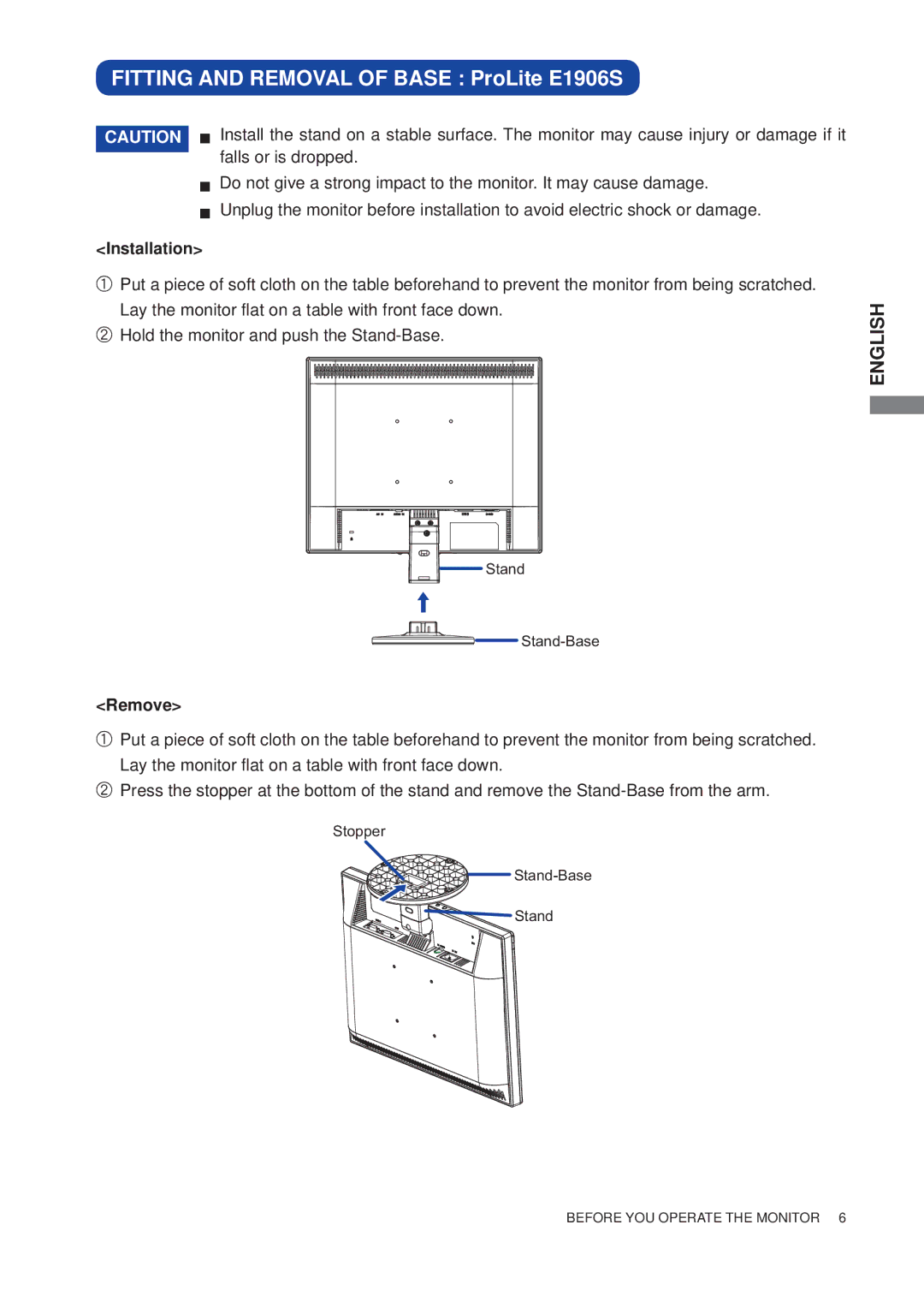 Iiyama B1906S user manual Fitting and Removal of Base ProLite E1906S, Remove 