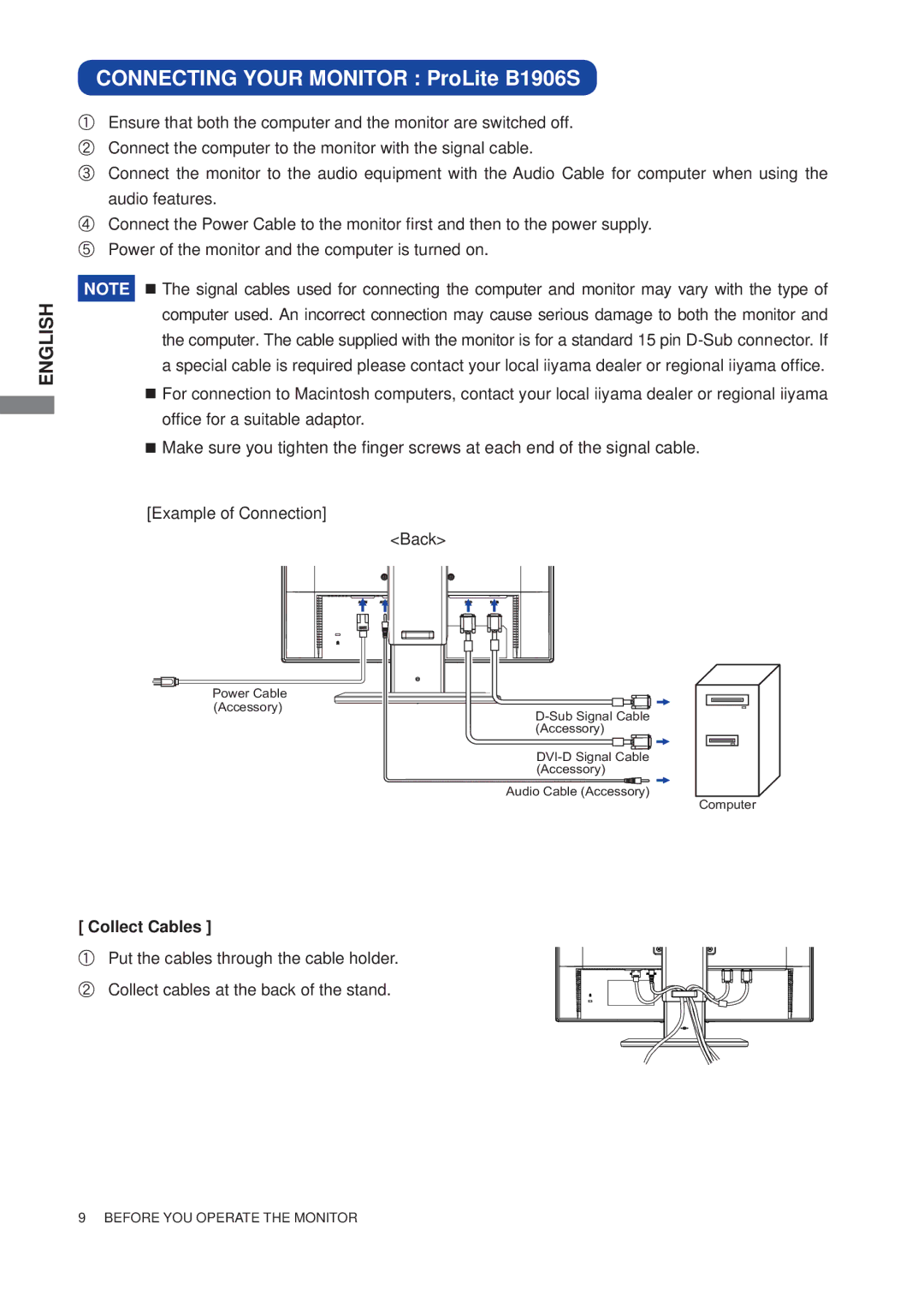 Iiyama E1906S user manual Connecting Your Monitor ProLite B1906S, Example of Connection Back 