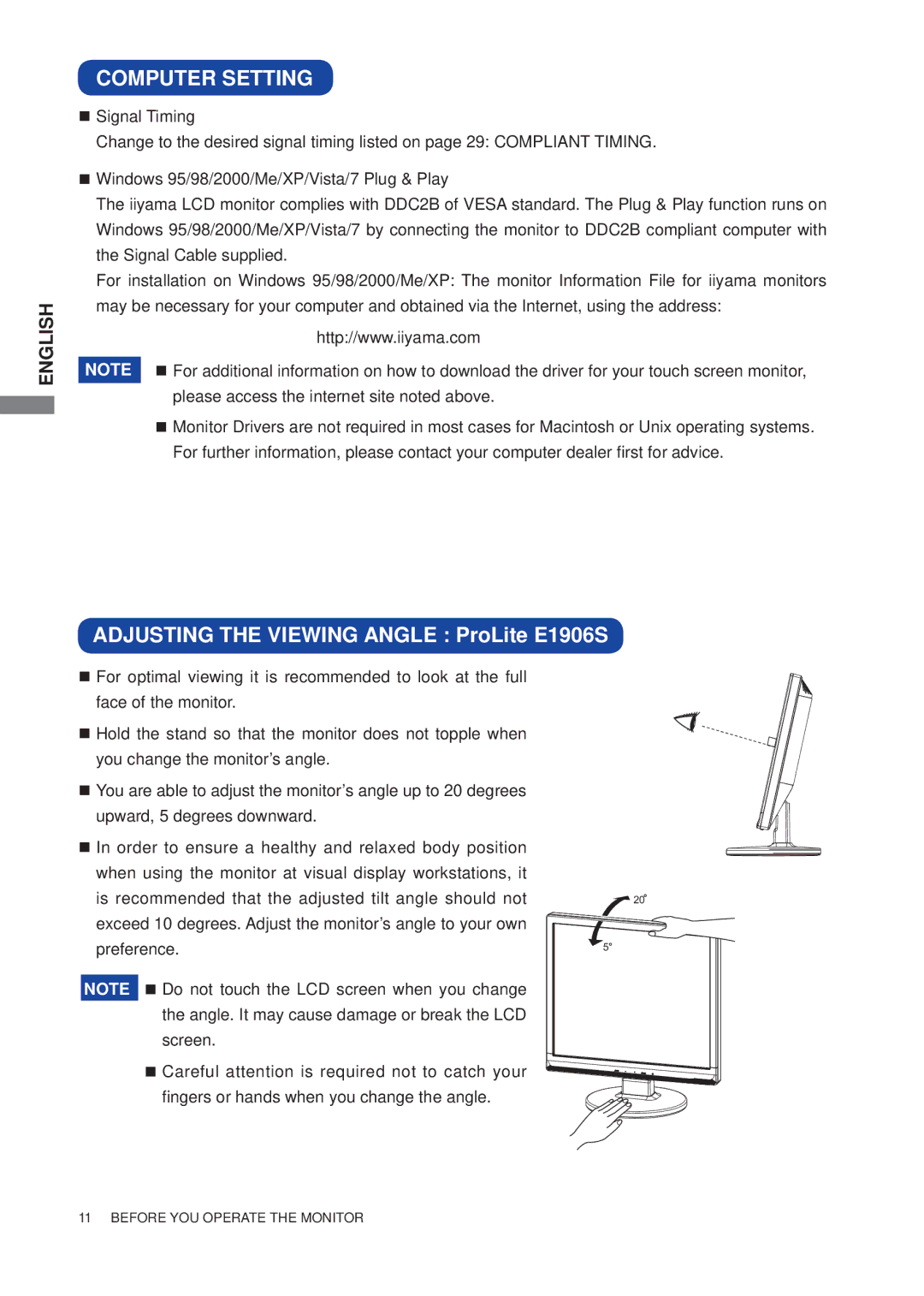 Iiyama B1906S user manual Computer Setting, Adjusting the Viewing Angle ProLite E1906S 