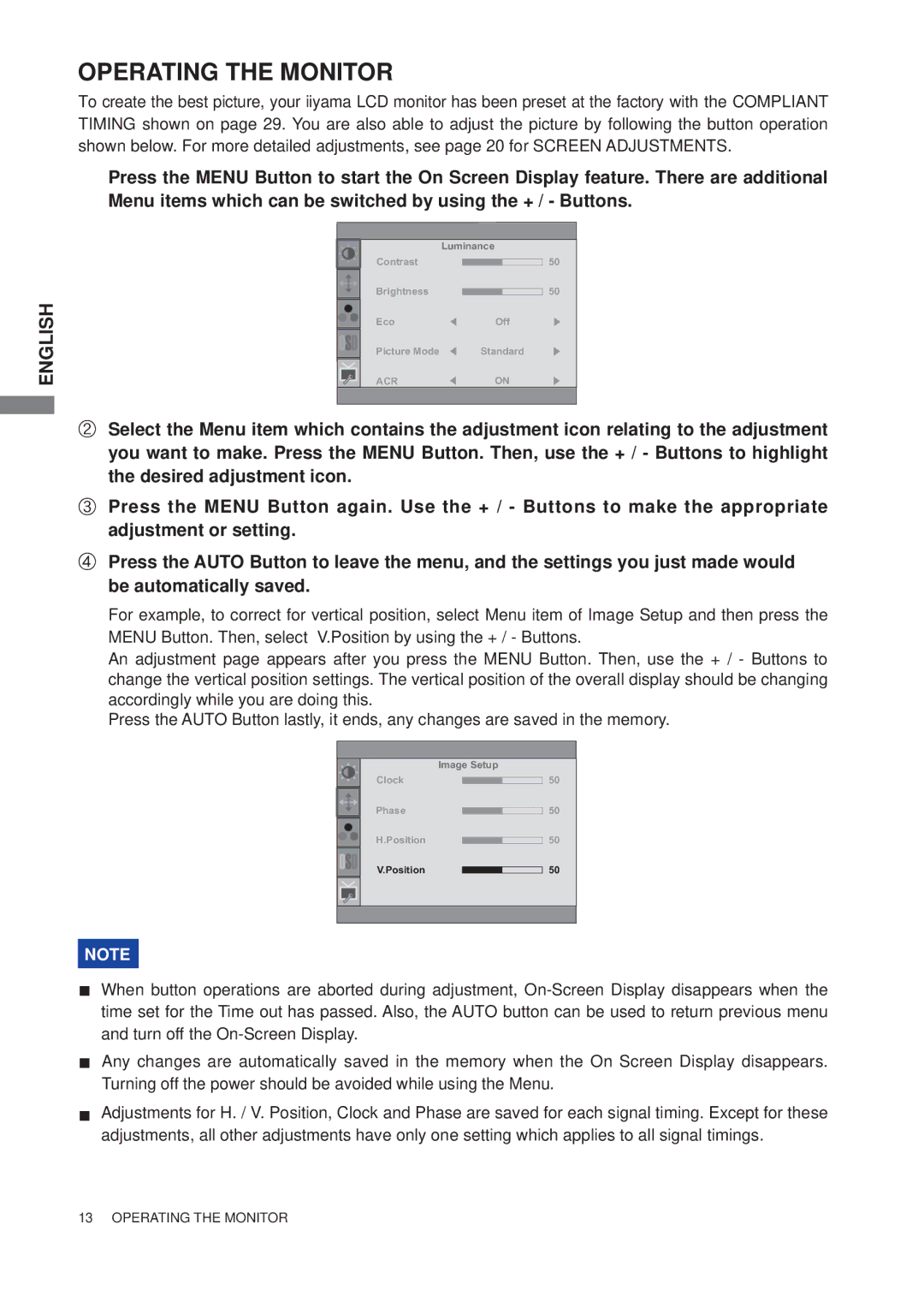 Iiyama E1906S, B1906S user manual Operating the Monitor 