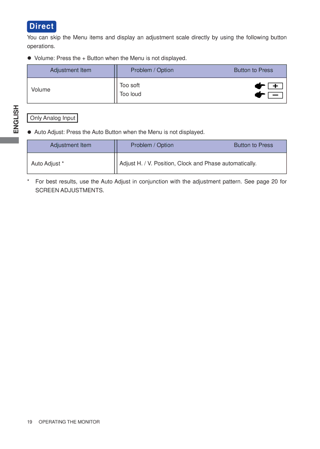 Iiyama E1906S, B1906S user manual Screen Adjustments 