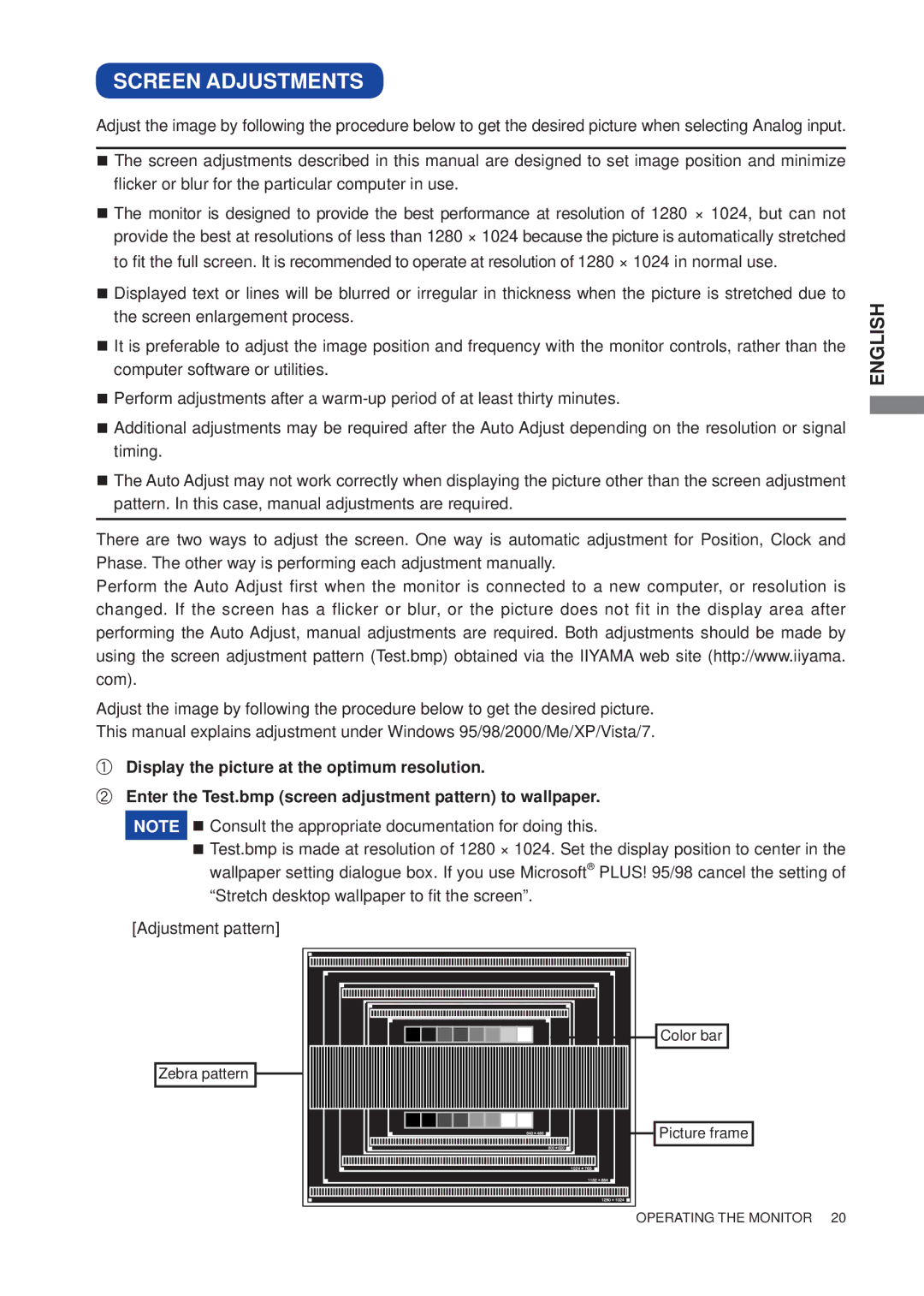 Iiyama B1906S, E1906S user manual Screen Adjustments 