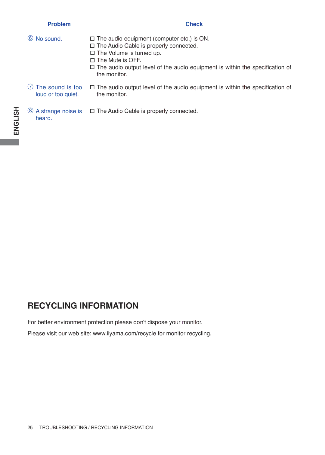 Iiyama E1906S, B1906S user manual Recycling Information 