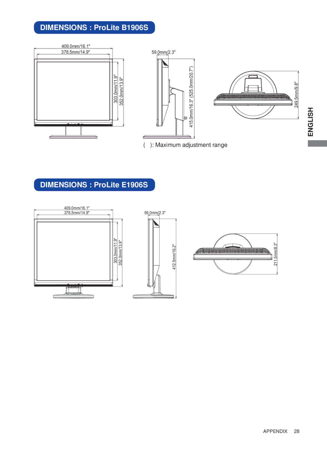 Iiyama user manual Dimensions ProLite B1906S, Dimensions ProLite E1906S 