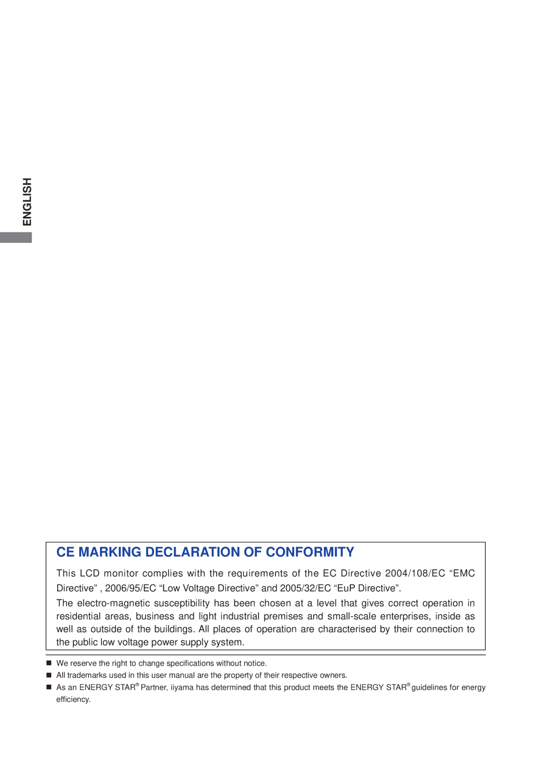 Iiyama E1906S, B1906S user manual CE Marking Declaration of Conformity 