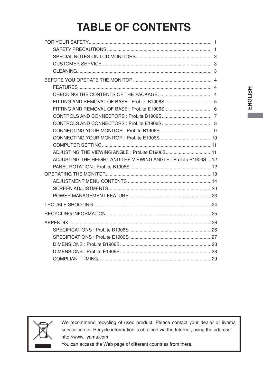 Iiyama B1906S, E1906S user manual Table of Contents 