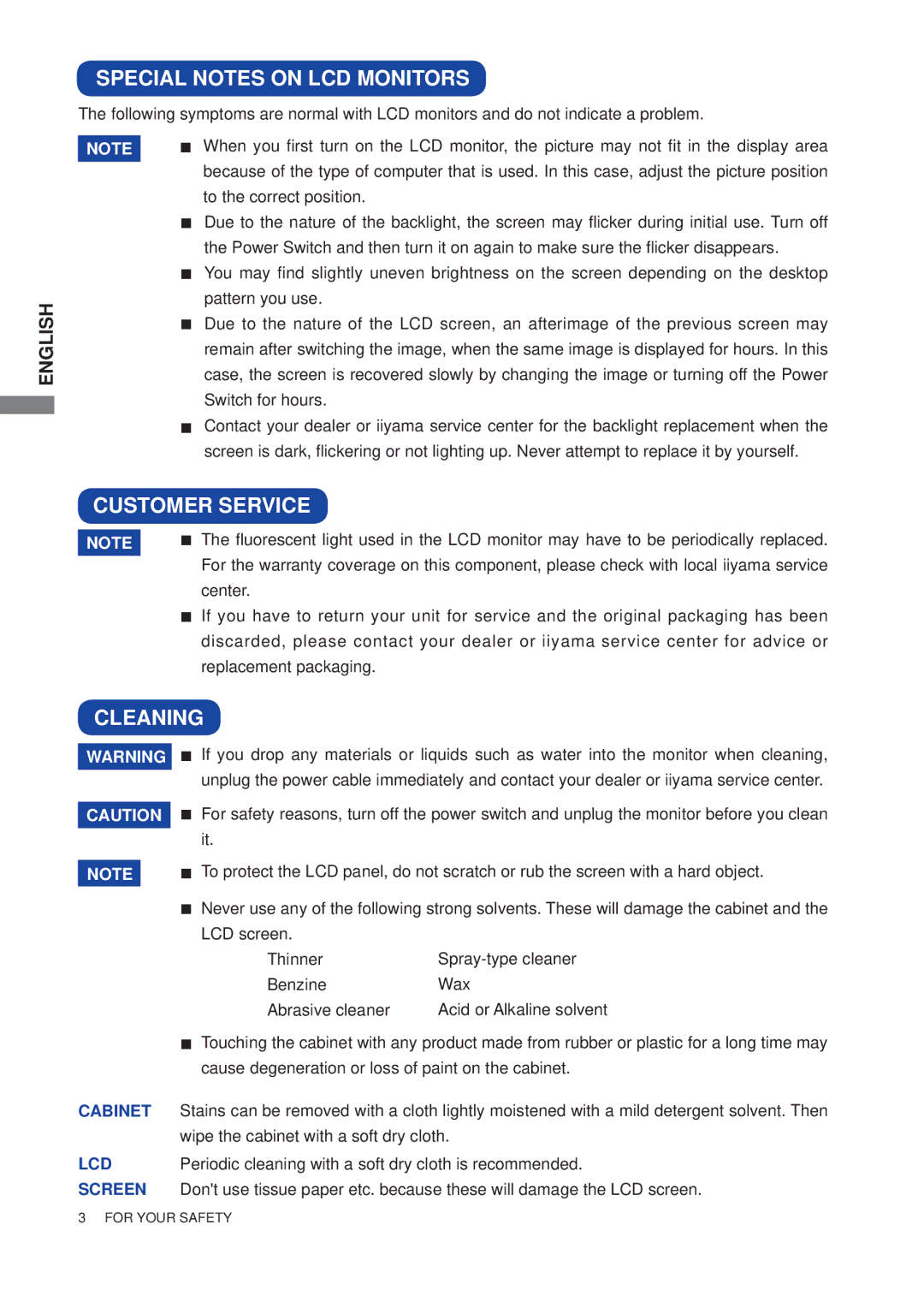 Iiyama E1906S, B1906S user manual Special Notes on LCD Monitors, Customer Service, Cleaning 