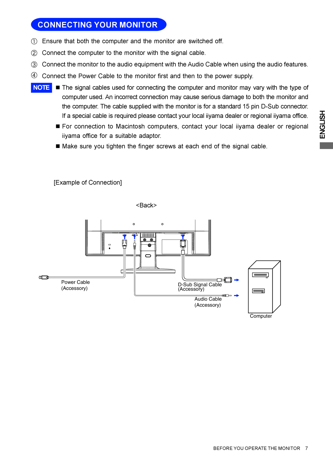 Iiyama E1908WSV user manual Sub Signal Cable Accessory Audio Cable Accessory Computer 