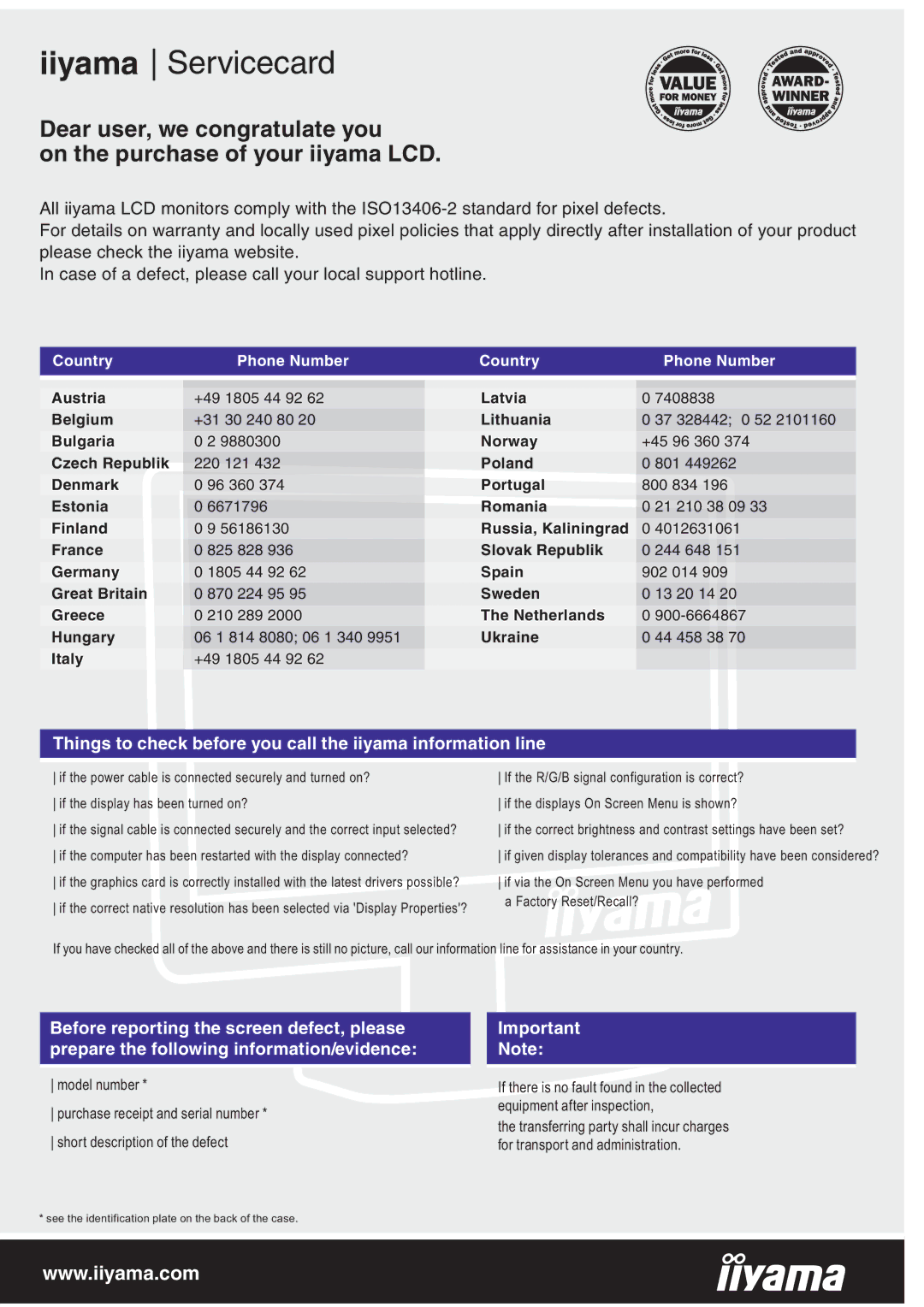 Iiyama E1908WSV user manual Iiyama Servicecard 