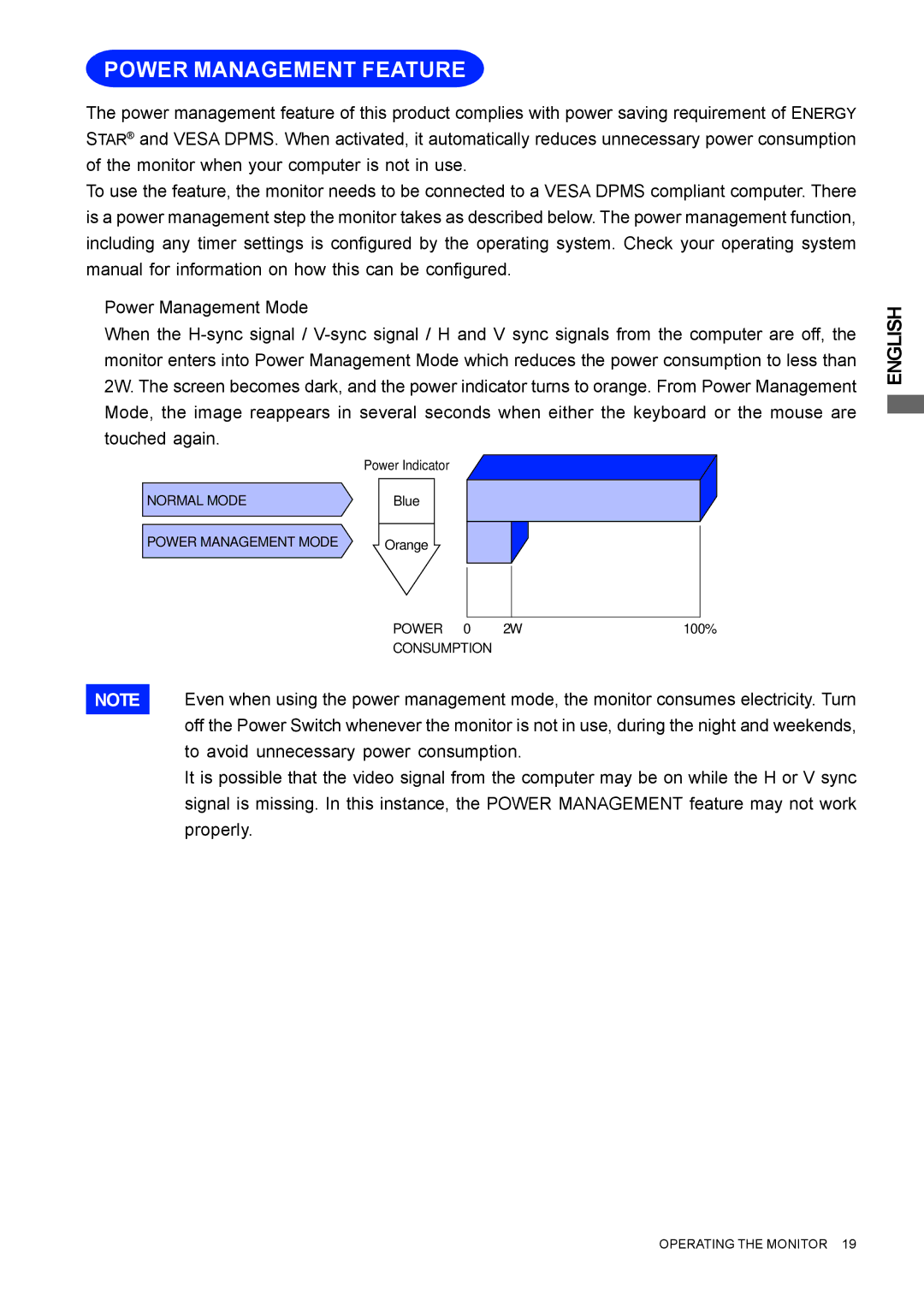 Iiyama E1908WSV user manual Power Management Feature 