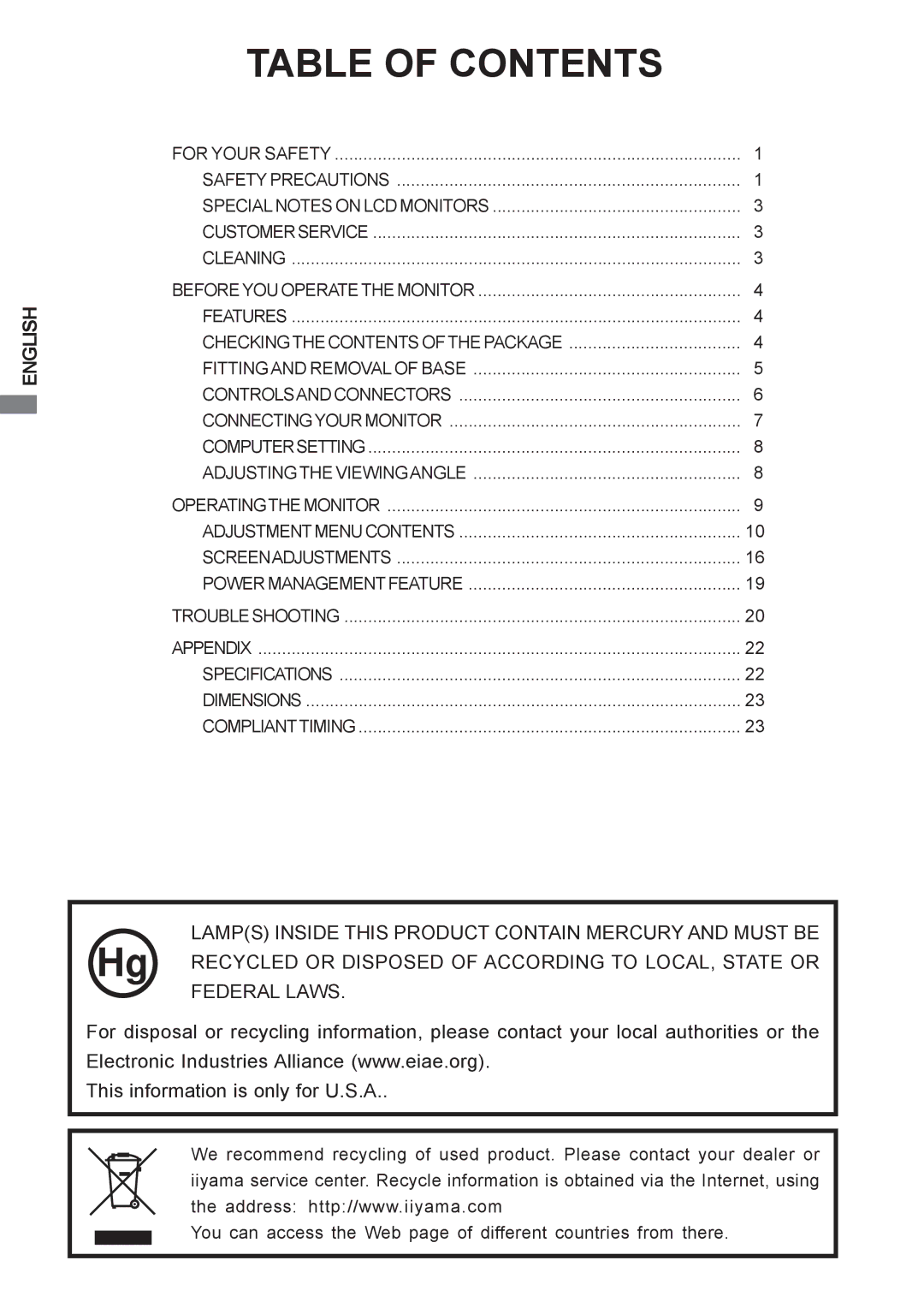 Iiyama E1908WSV user manual Table of Contents 