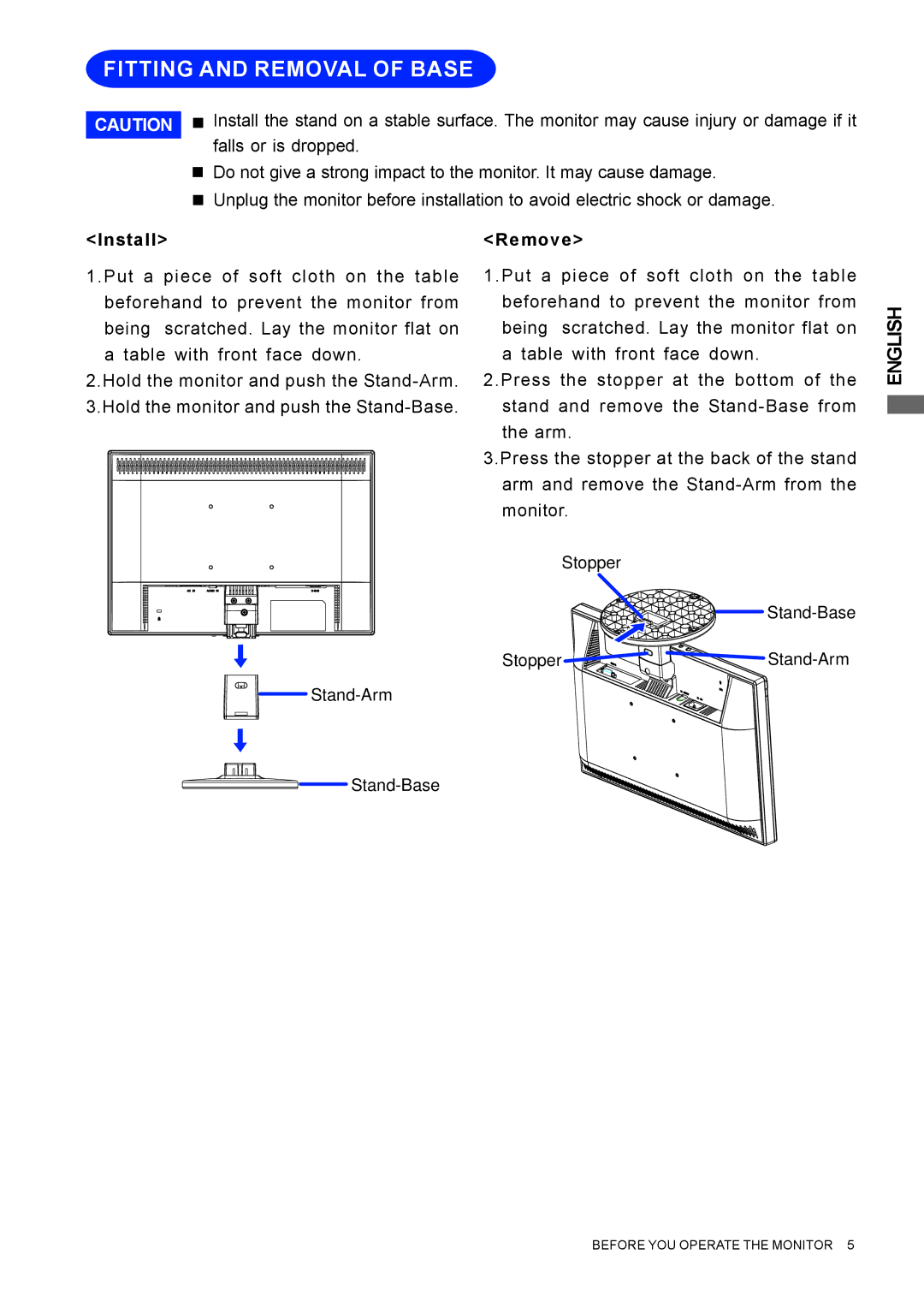 Iiyama E1908WSV user manual Fitting and Removal of Base, Install 