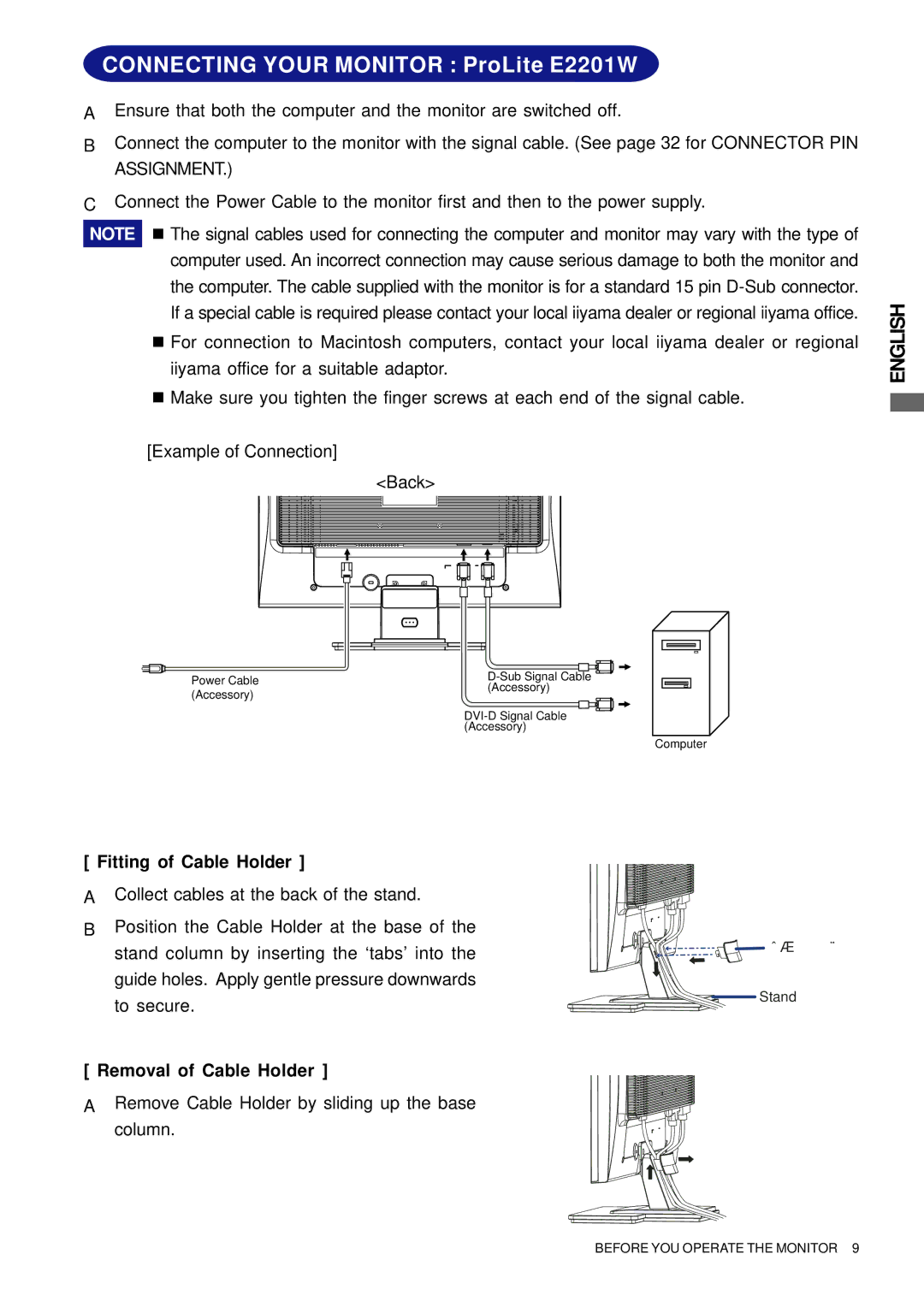 Iiyama E2202WSV user manual Connecting Your Monitor ProLite E2201W, Fitting of Cable Holder 