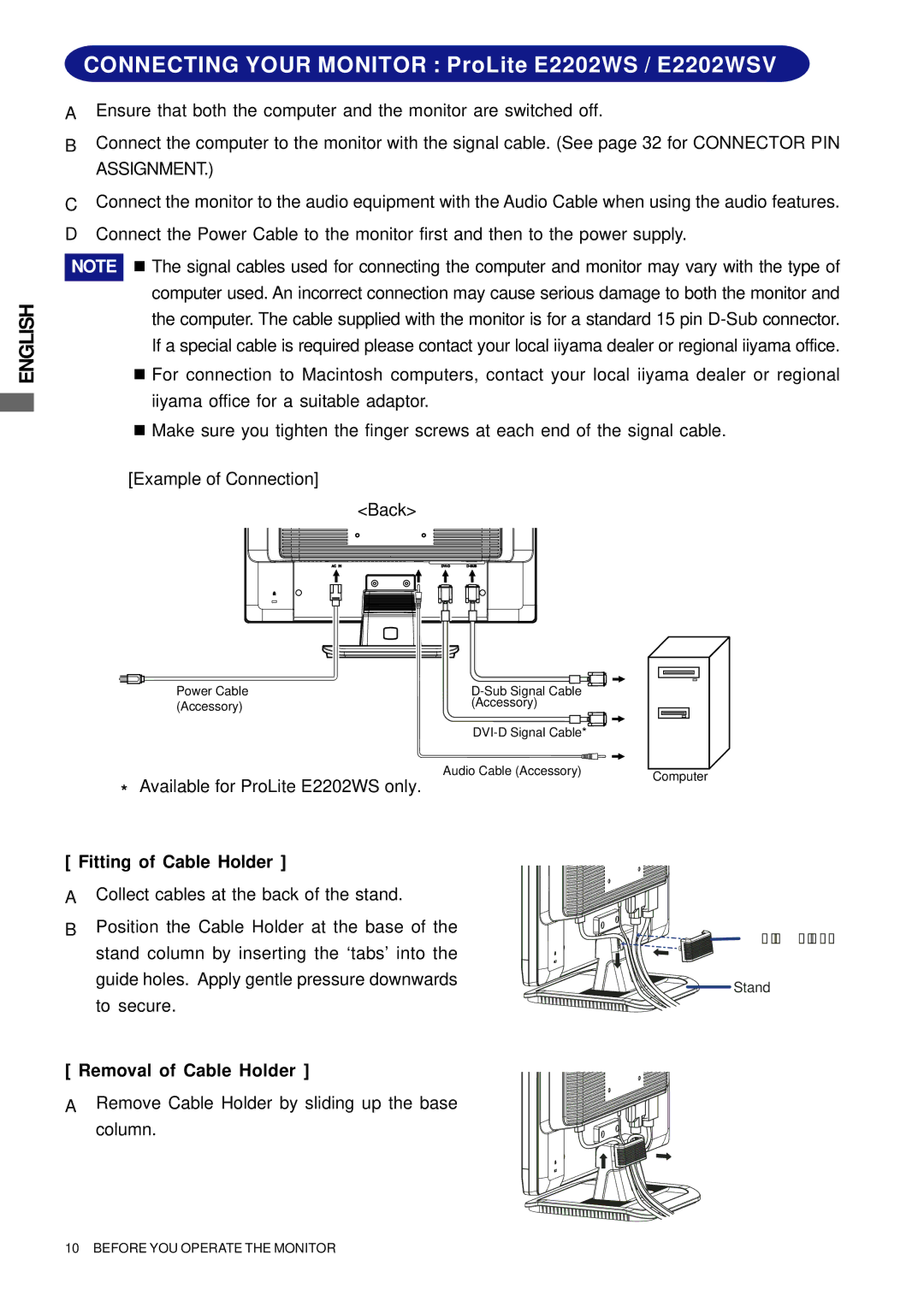 Iiyama E2201W user manual Connecting Your Monitor ProLite E2202WS / E2202WSV 