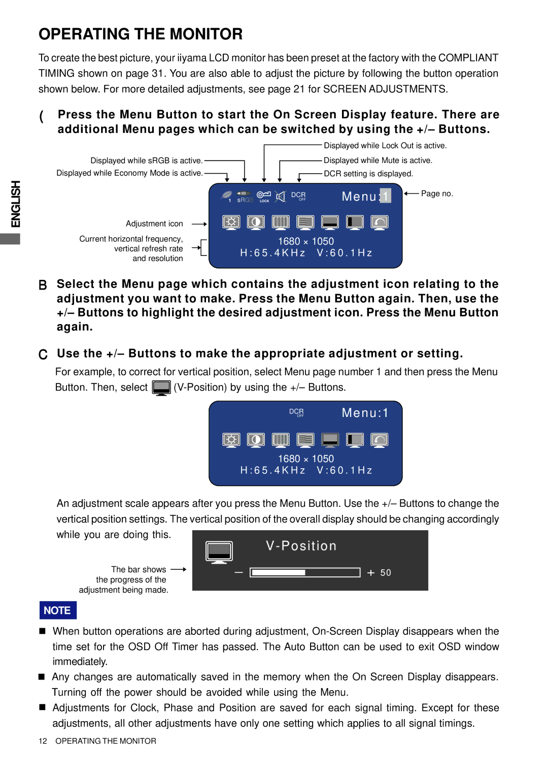 Iiyama E2202WSV, E2201W user manual Operating the Monitor 