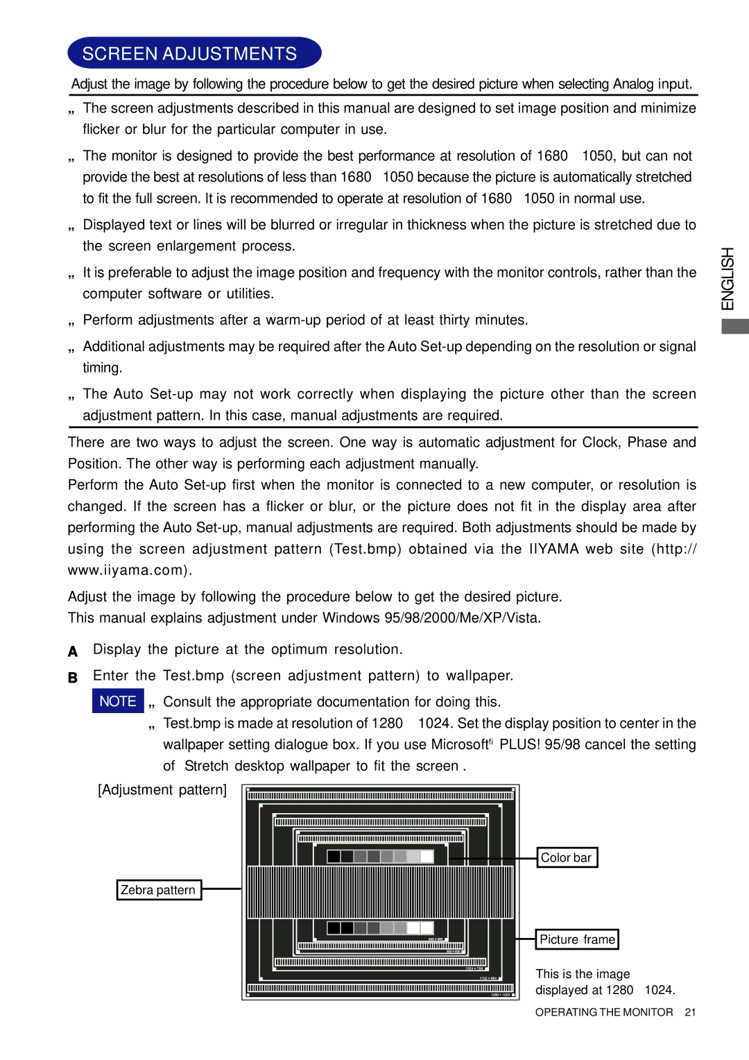 Iiyama E2202WSV, E2201W user manual Screen Adjustments, Enter the Test.bmp screen adjustment pattern to wallpaper 