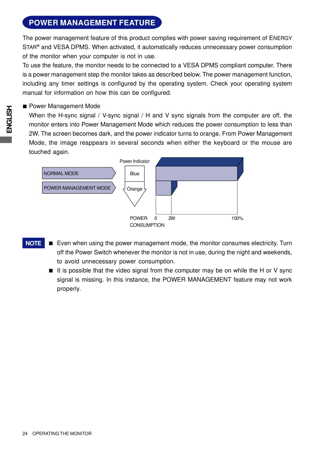 Iiyama E2202WSV, E2201W user manual Power Management Feature 