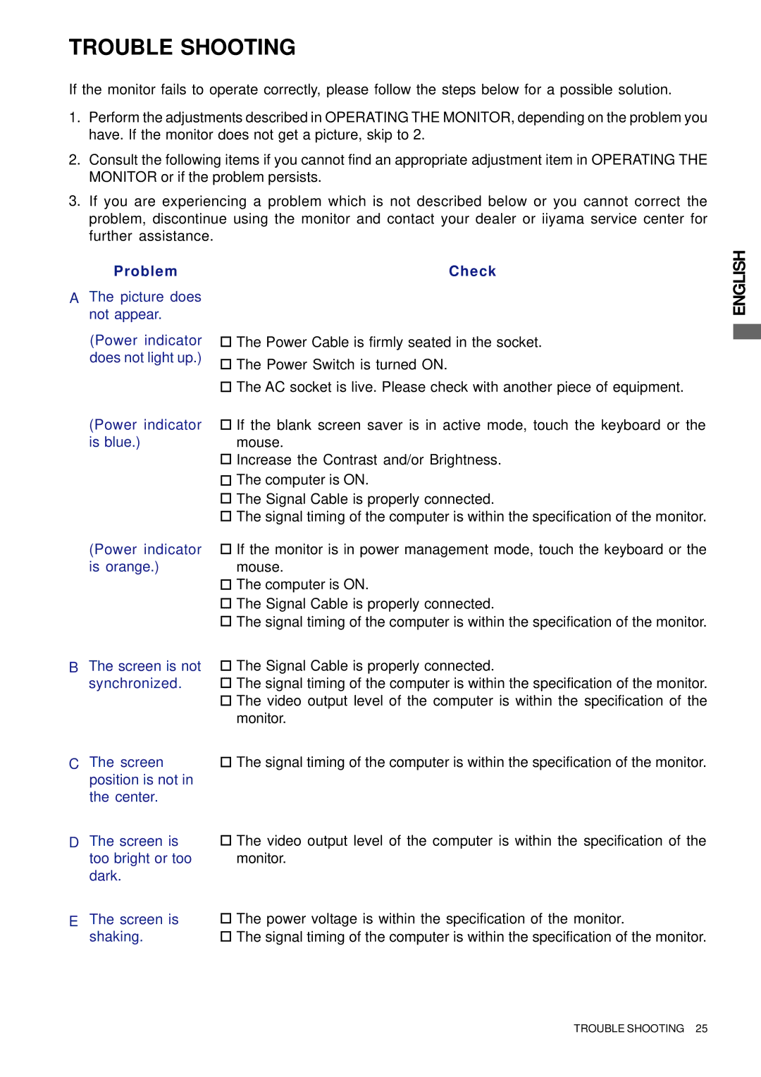 Iiyama E2201W, E2202WSV user manual Trouble Shooting 