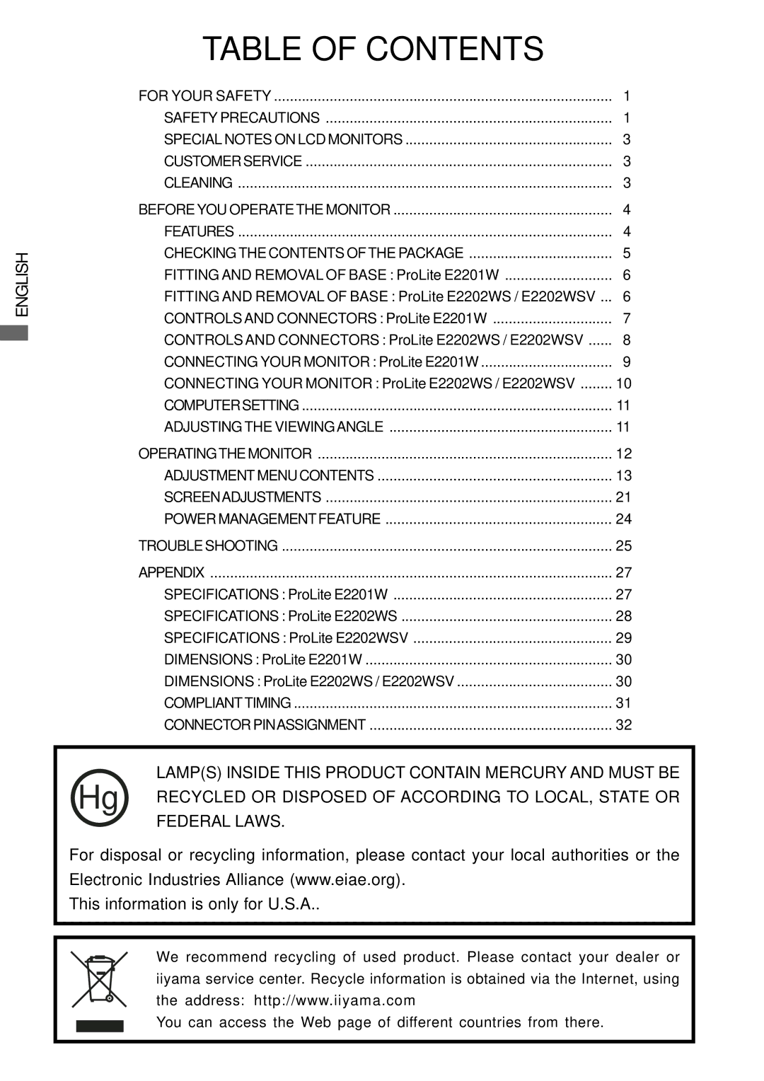 Iiyama E2202WSV, E2201W user manual Table of Contents 