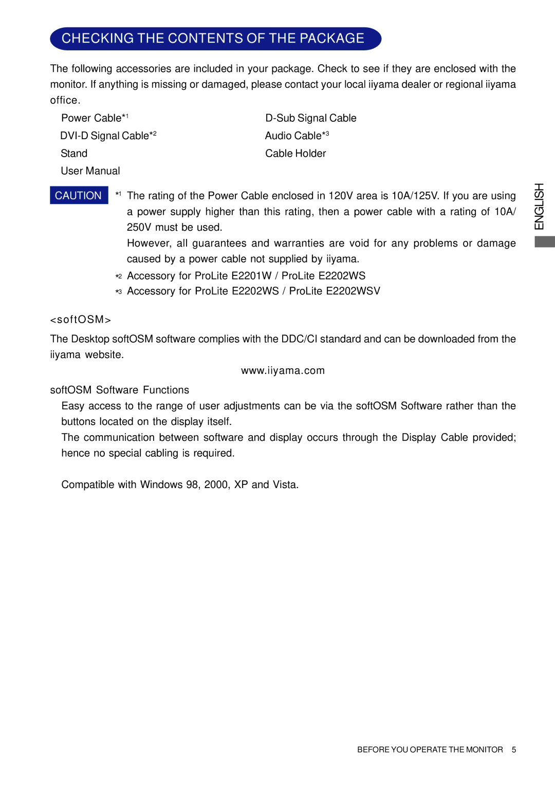 Iiyama E2202WSV, E2201W user manual Checking the Contents of the Package 