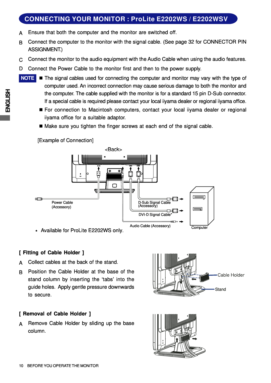 Iiyama E2201W user manual CONNECTING YOUR MONITOR ProLite E2202WS / E2202WSV, English, Before You Operate The Monitor 
