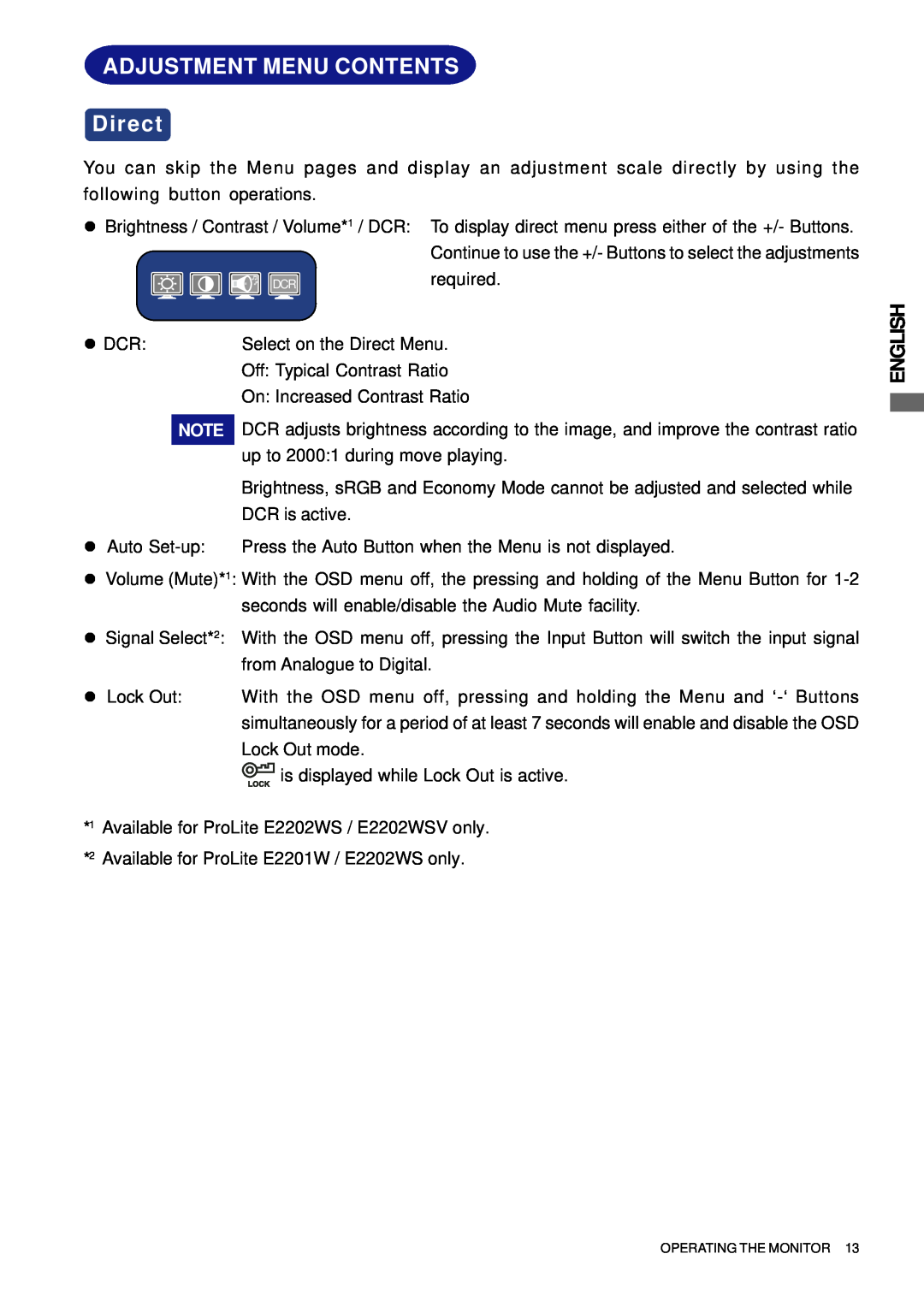 Iiyama E2201W, E2202WSV user manual Adjustment Menu Contents, Direct, English 