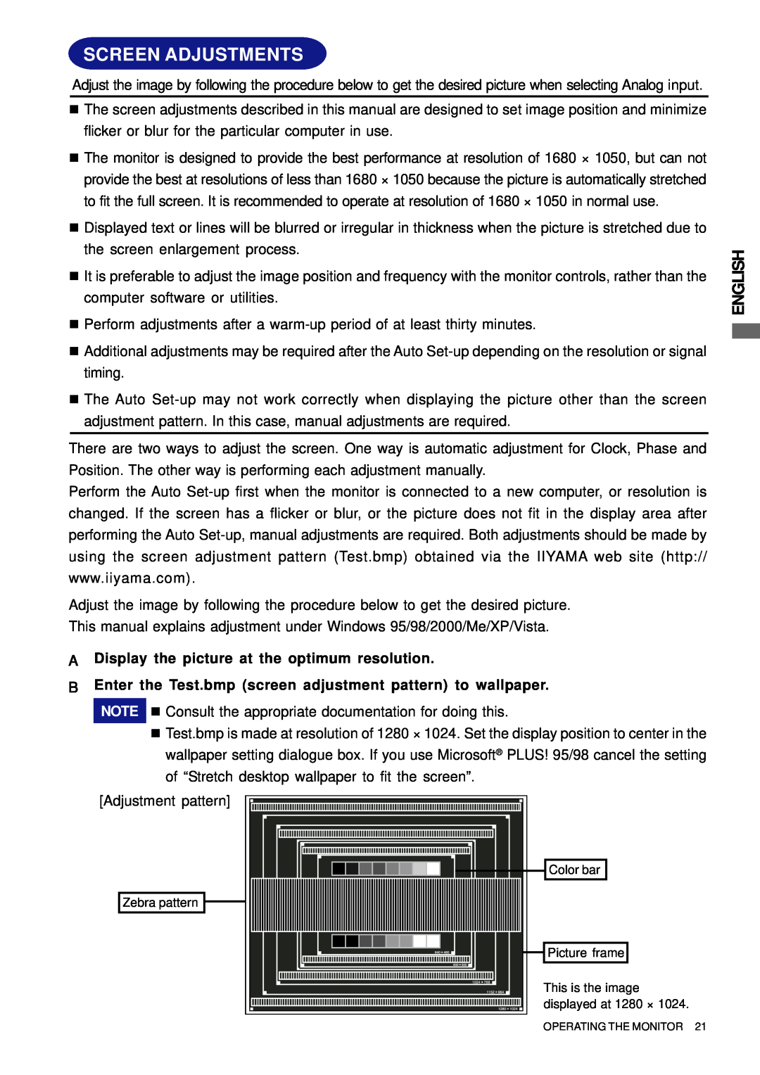 Iiyama E2202WSV, E2201W user manual Screen Adjustments, English, A Display the picture at the optimum resolution 