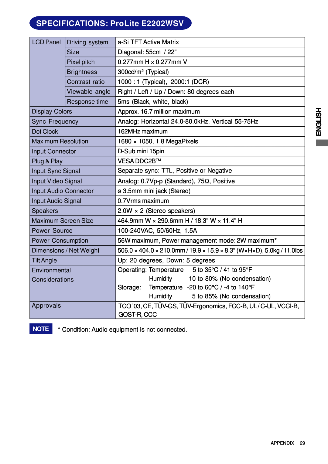 Iiyama E2201W user manual SPECIFICATIONS ProLite E2202WSV 