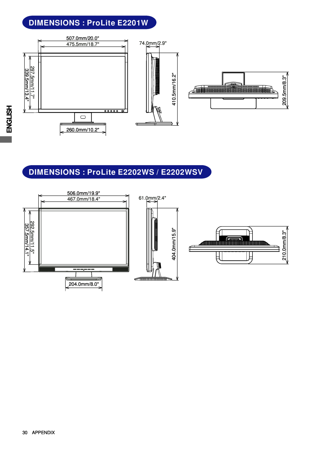 Iiyama DIMENSIONS ProLite E2201W, DIMENSIONS ProLite E2202WS / E2202WSV, English, 507.0mm/20.0, 74.0mm/2.9, 61.0mm/2.4 