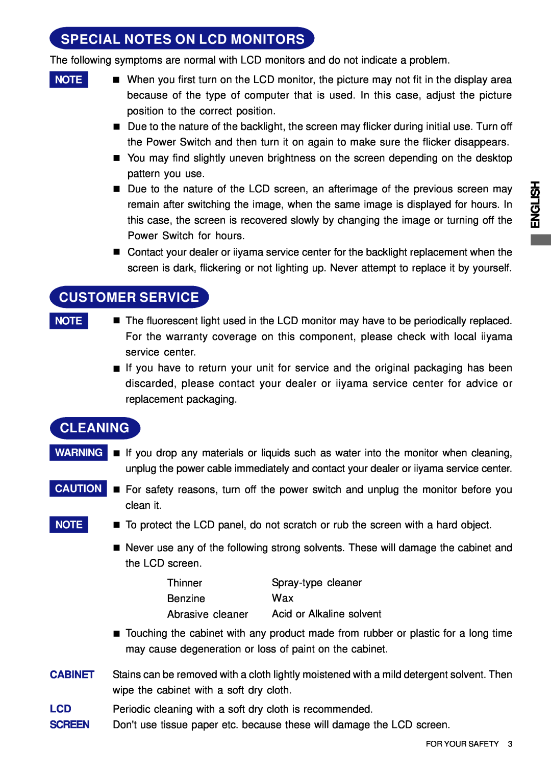 Iiyama E2202WSV, E2201W user manual Special Notes On Lcd Monitors, Customer Service, Cleaning, English 