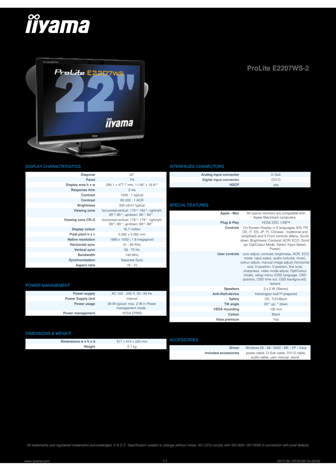 Iiyama dimensions ProLite E2207WS-2, Display Characteristics, Power Management, Interfaces Connectors, Special Features 
