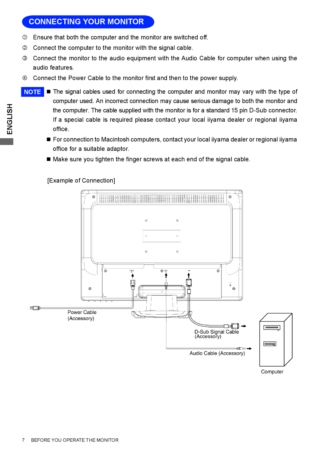 Iiyama E2207WSV user manual Connecting Your Monitor 